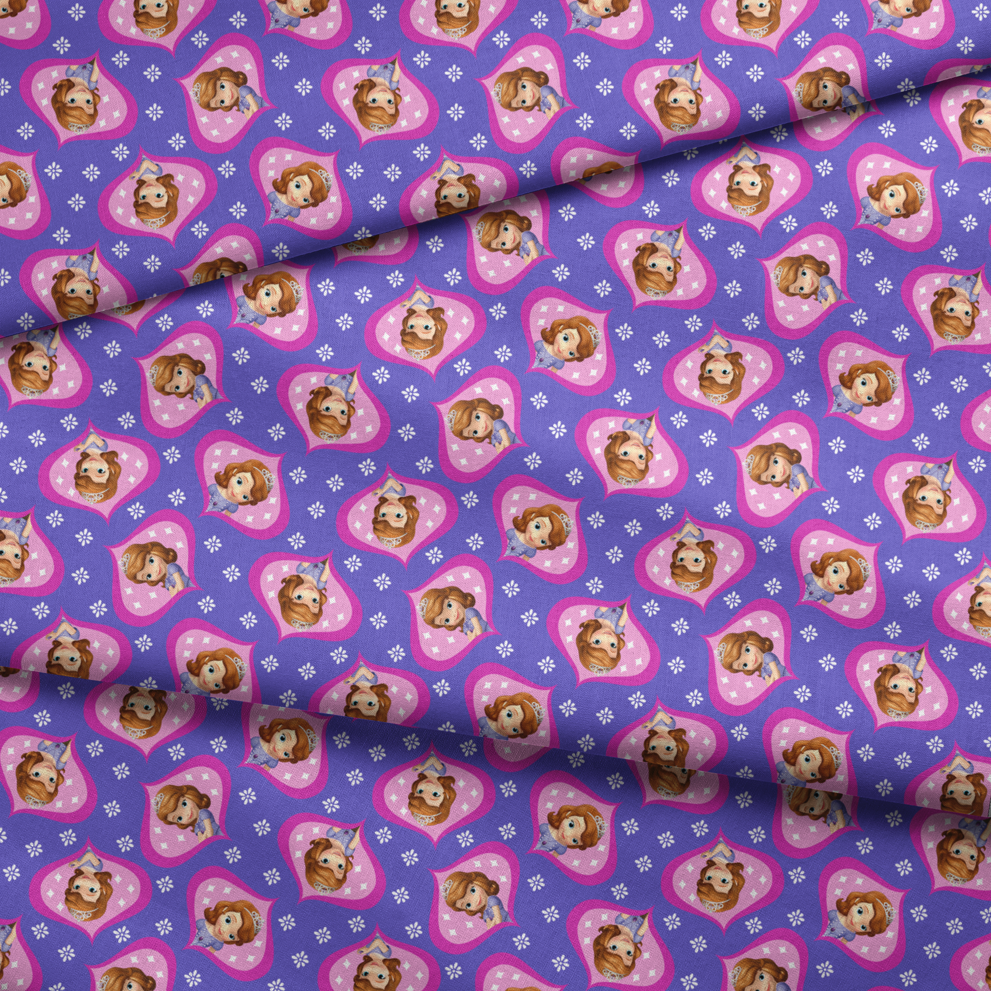 Sofia the First in pink frames pattern with white accents on purple background fabric fold mockup