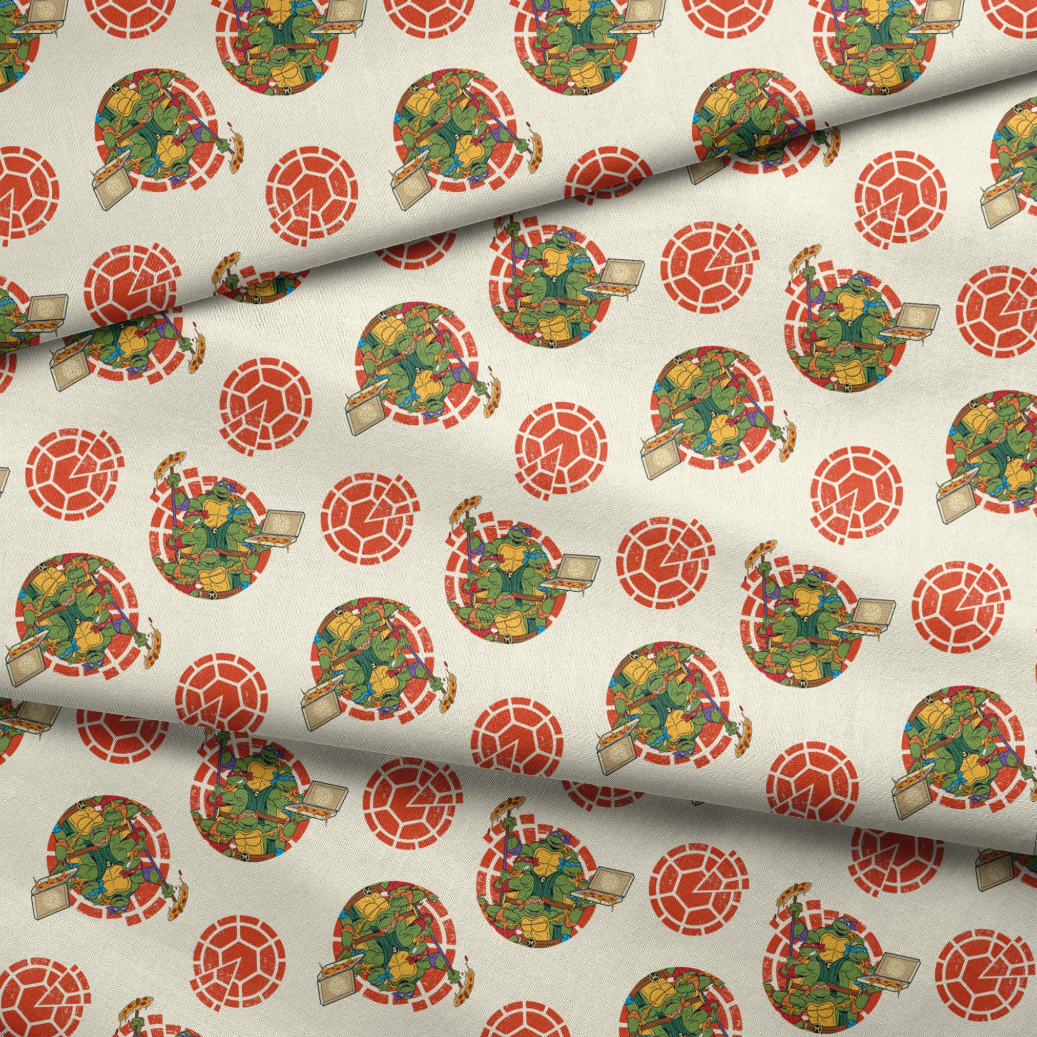 TMNT characters in circular formations on cream background with red shell pattern fabric fold mockup