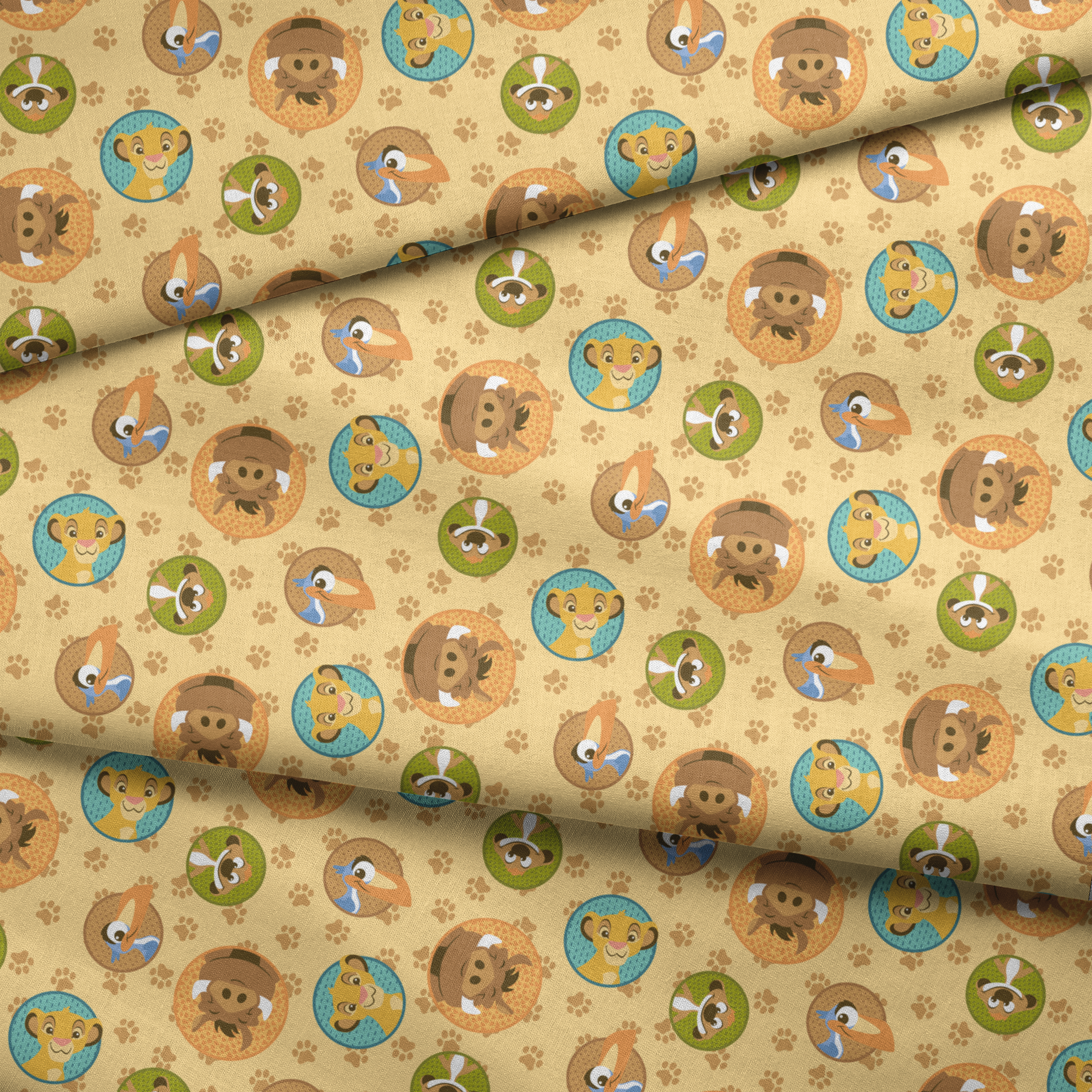 Cartoon animal faces in circular frames on beige background with paw prints - lion, monkey, dog, bird fabric fold mockup