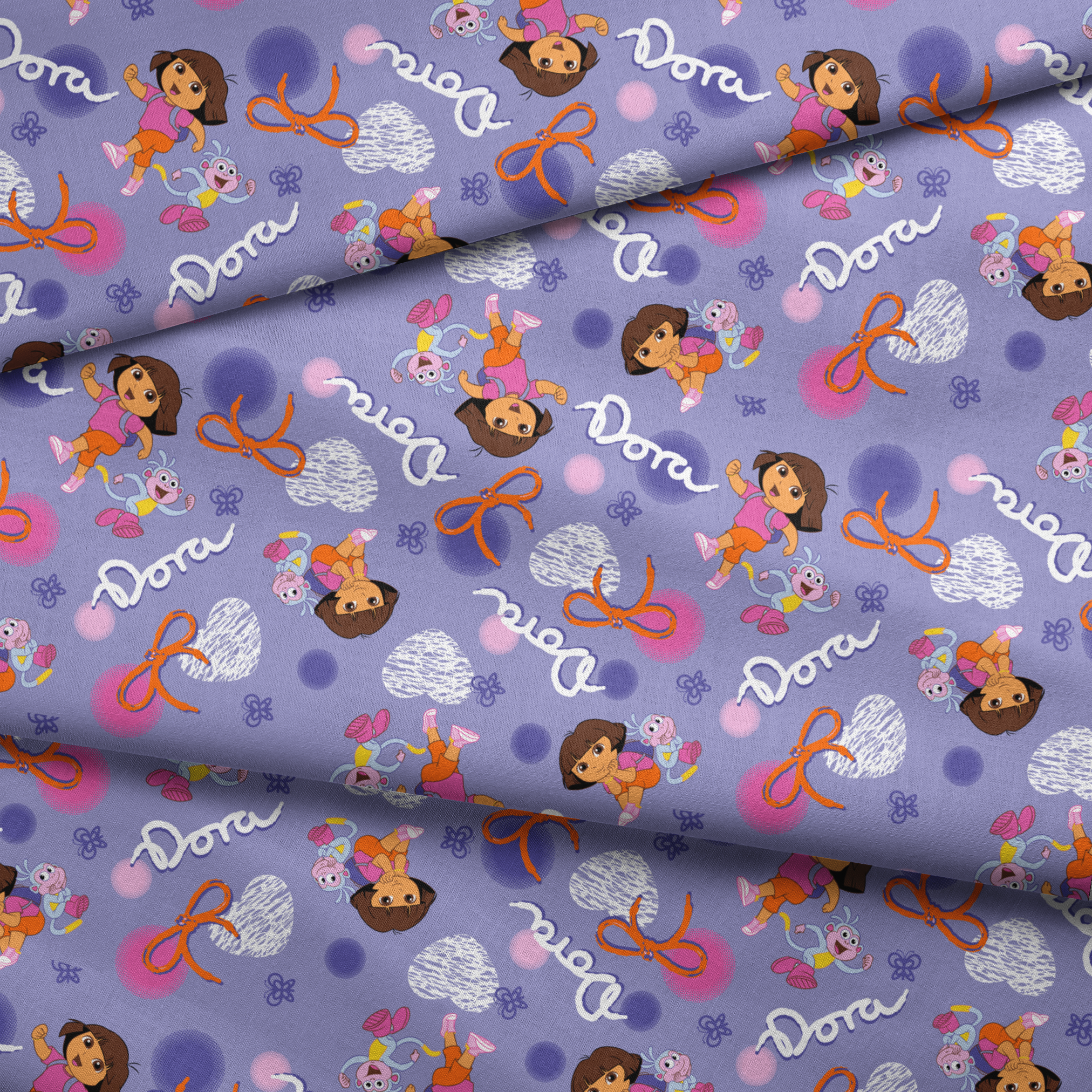 Cartoon pattern featuring Dora the Explorer, Boots the monkey, and other characters on purple background with bows and clouds. fabric fold mockup