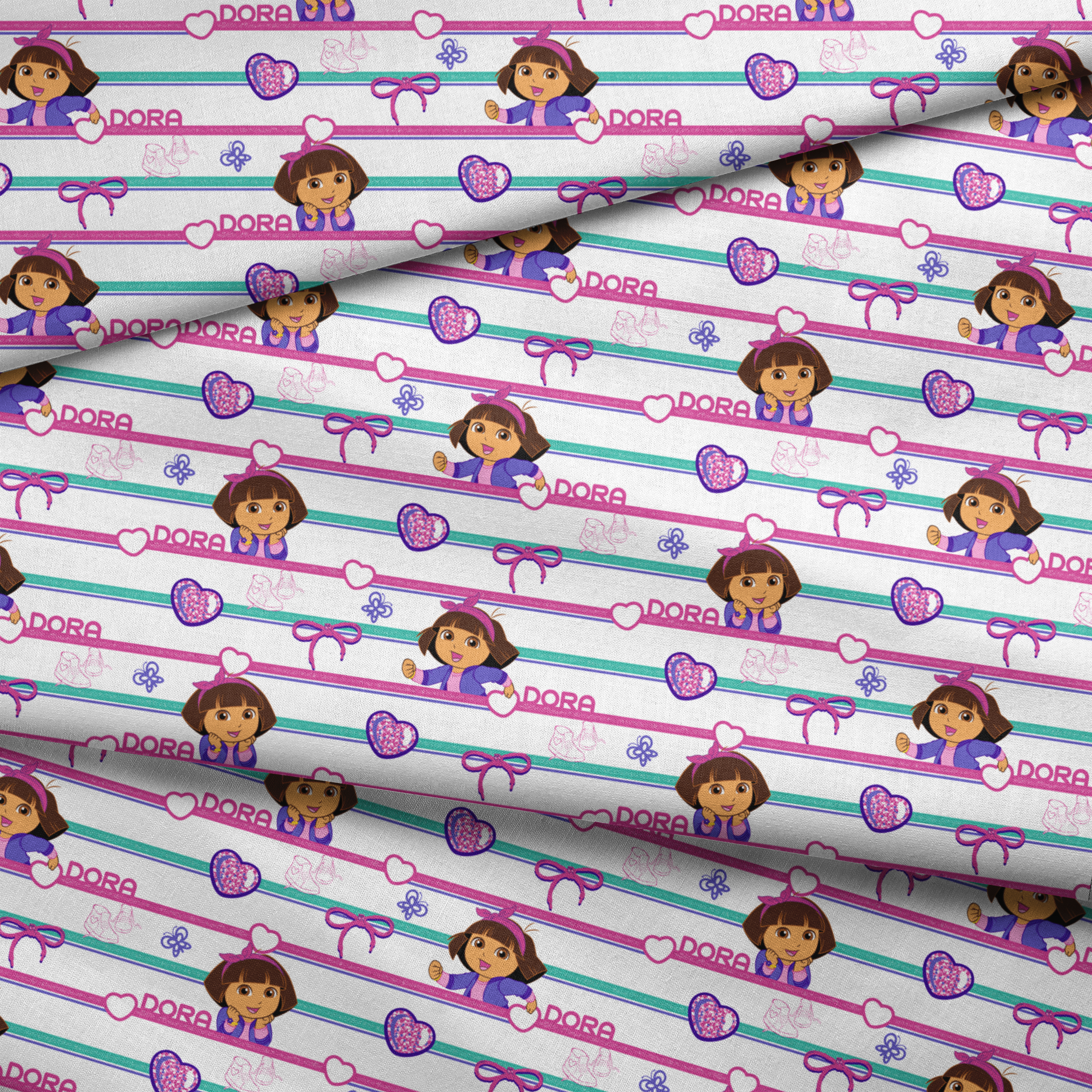 Colorful Dora the Explorer pattern with horizontal stripes featuring purple hearts, bows, butterflies, and "DORA" text on pink and green backgrounds fabric fold mockup