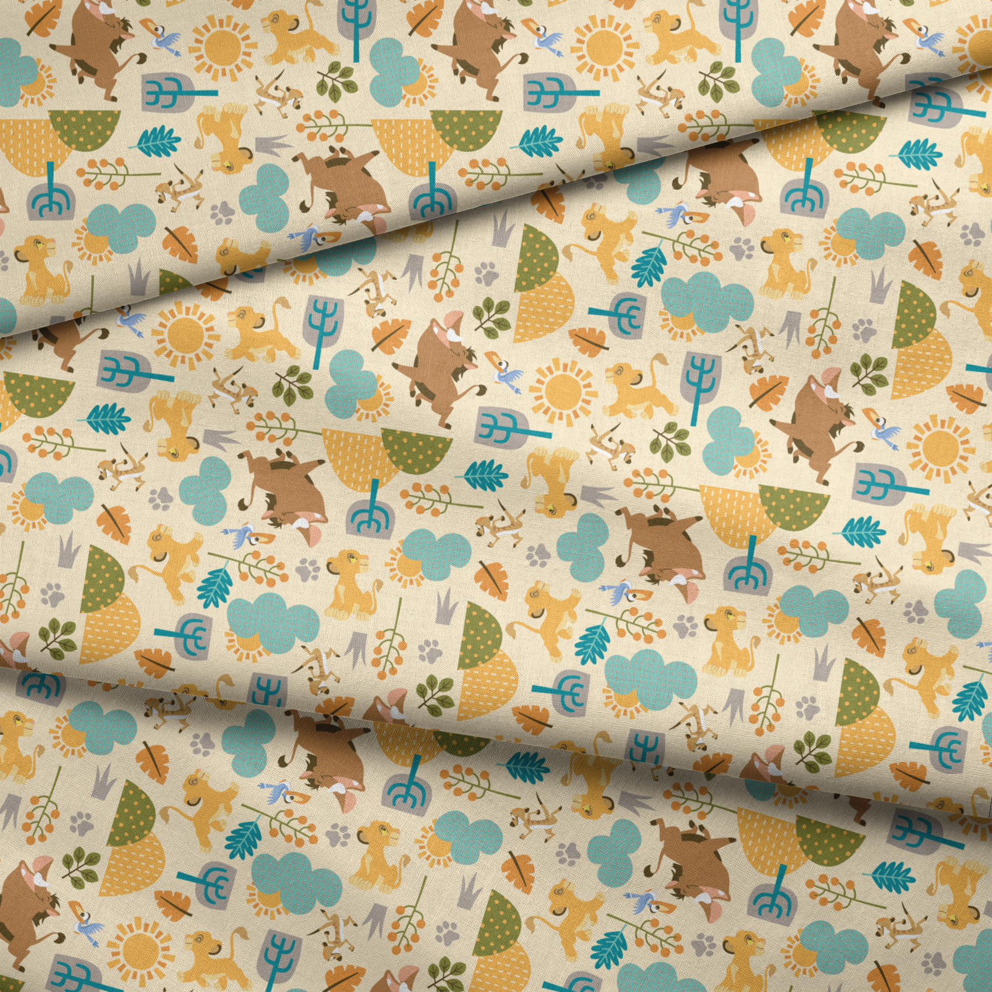 Playful Lion King pattern with brown bears, yellow puppies, blue clouds, stylized trees, and sun motifs on cream background fabric fold mockup
