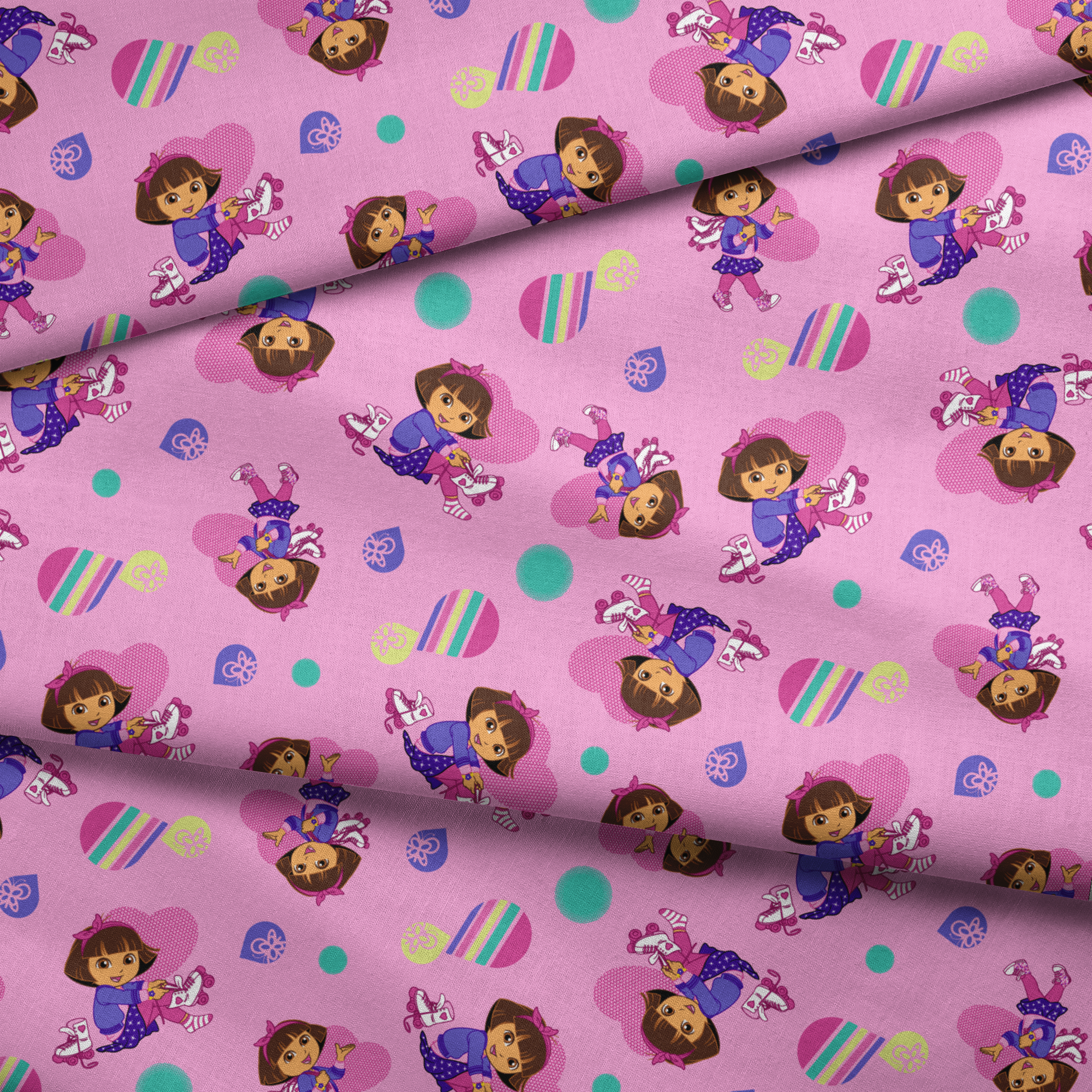 Dora the Explorer pattern with purple background, colorful polka dots and striped shapes fabric fold mockup