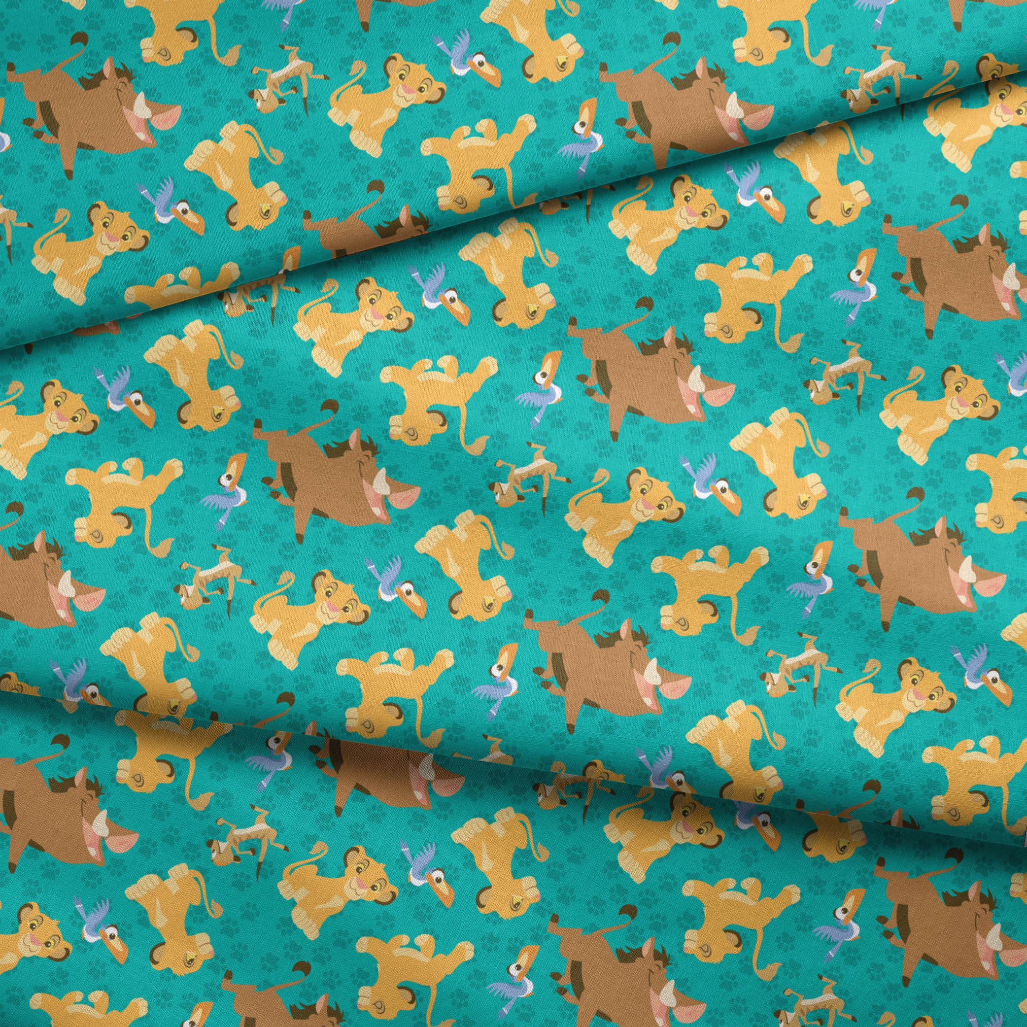 Cartoon Lion King characters pattern with Simba, Pumbaa and others on turquoise paw print background fabric fold mockup
