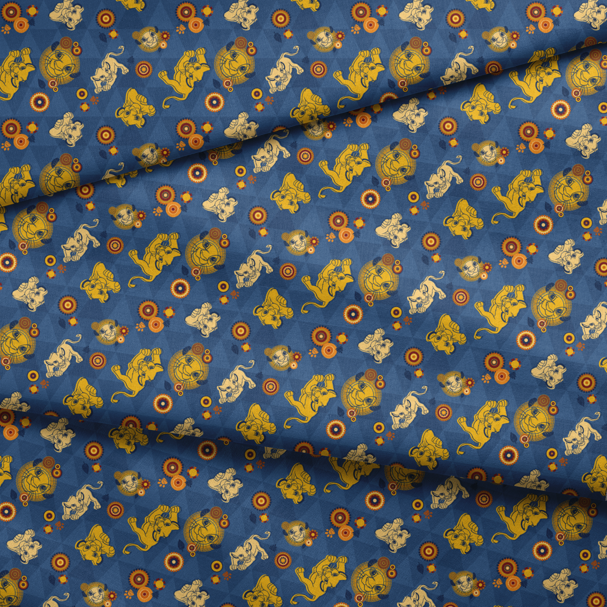 Geometric pattern with yellow lion figures and circular designs on blue triangular background fabric fold mockup