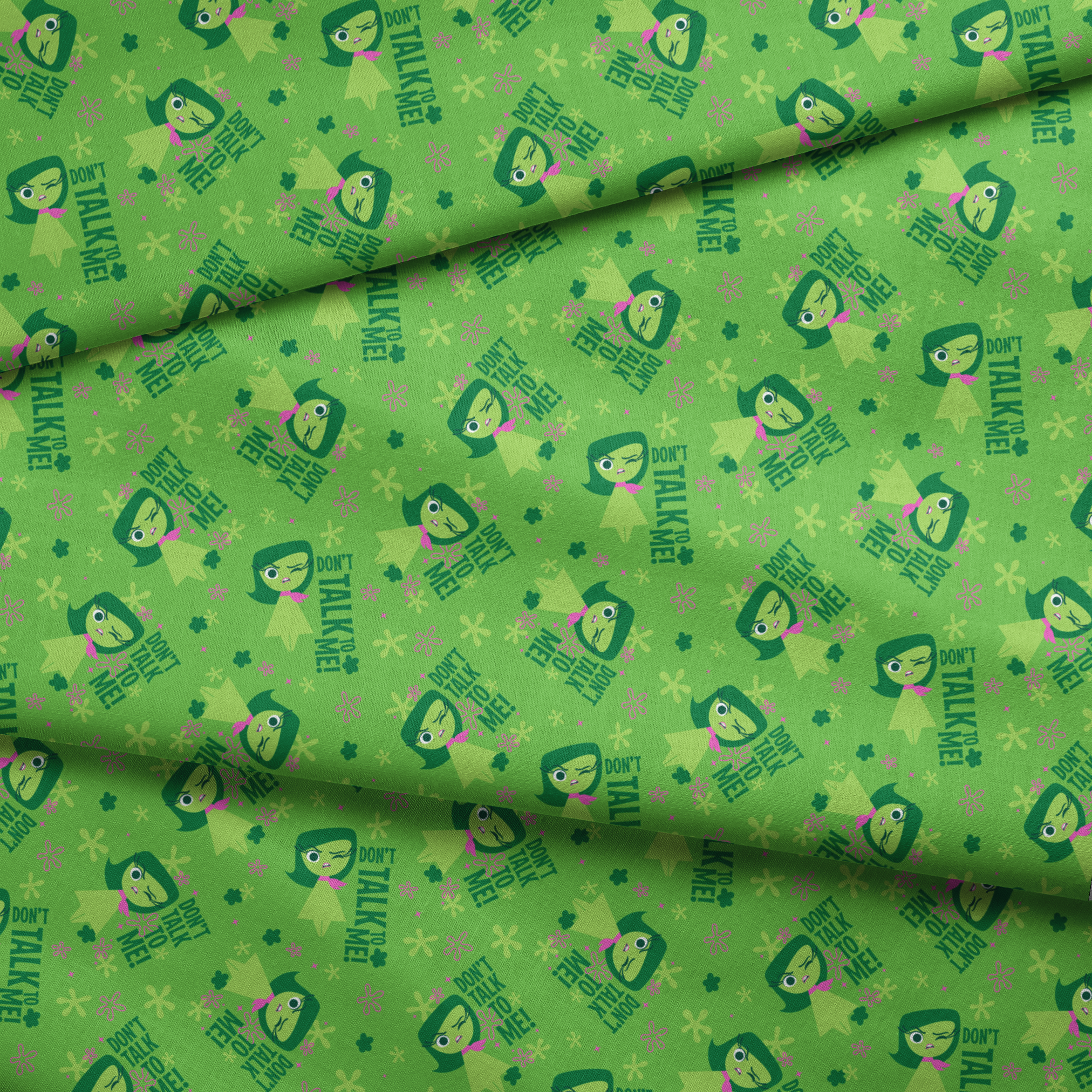 Green background with Disgust from Inside Out and "Don't Talk To Me" text, featuring stars and floral elements fabric fold mockup