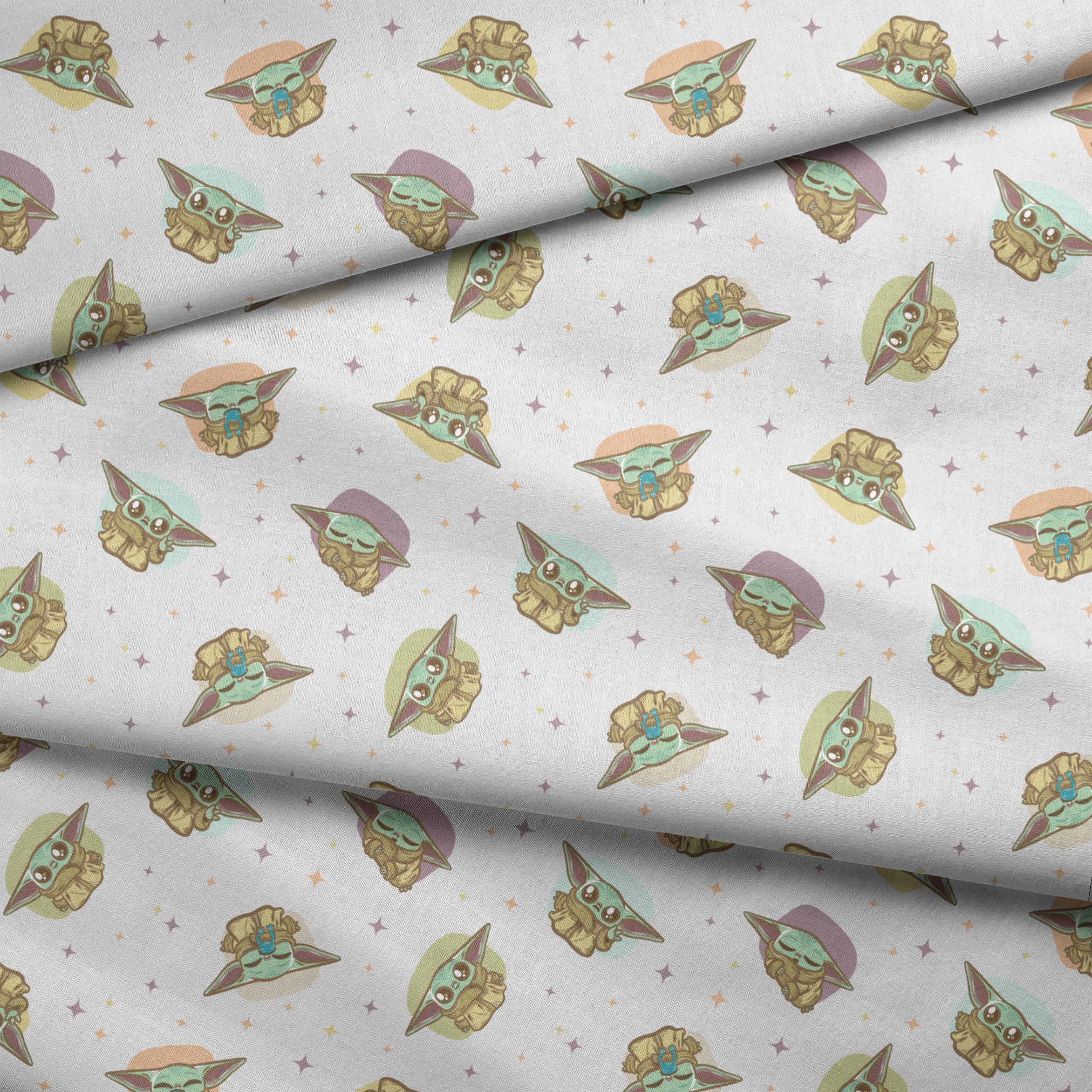 Cute cartoon characters in floating pods with big ears against a starry background, pastel colors fabric fold mockup