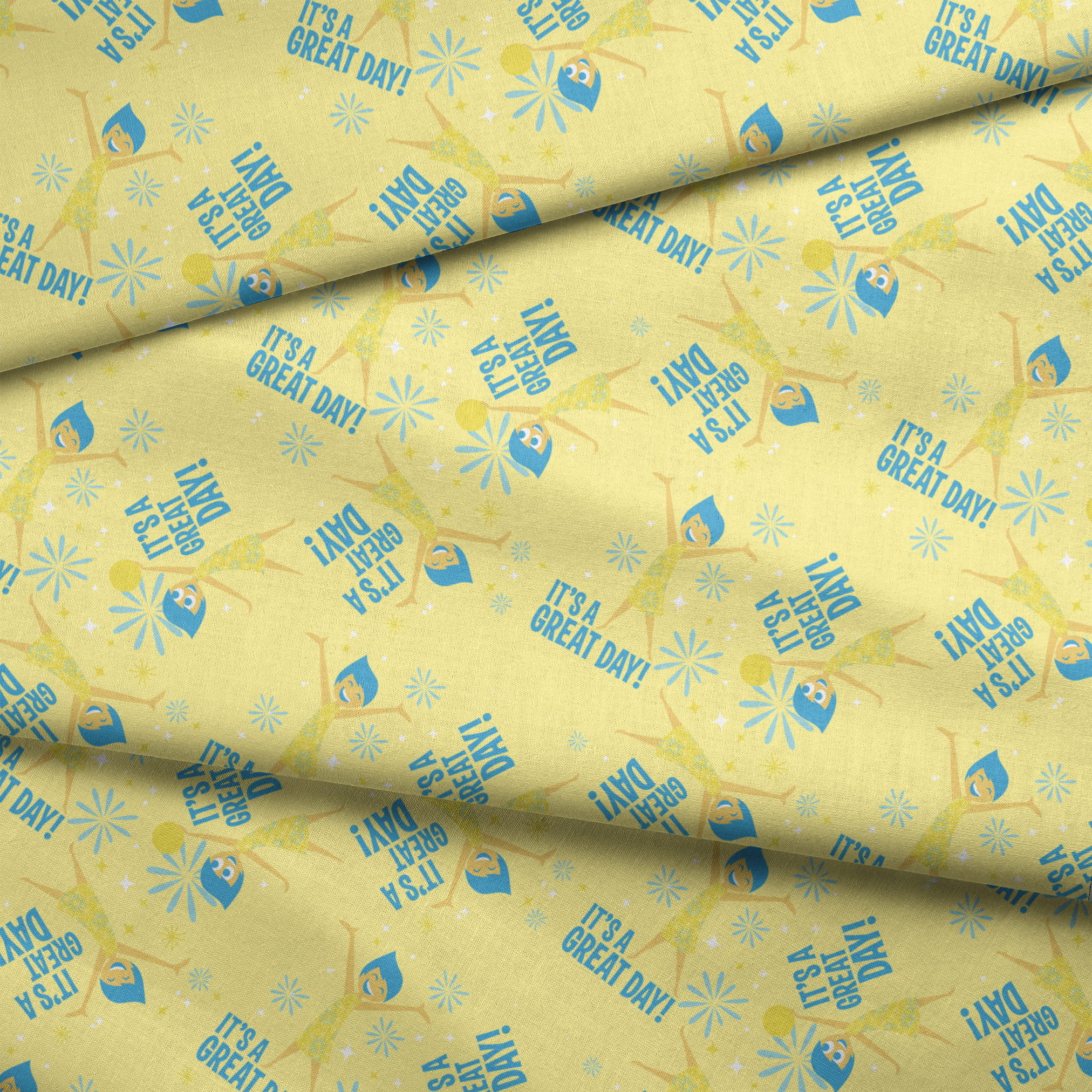 Cheerful Inside Out pattern with blue "IT'S A GREAT DAY!" text and decorative white accents fabric fold mockup