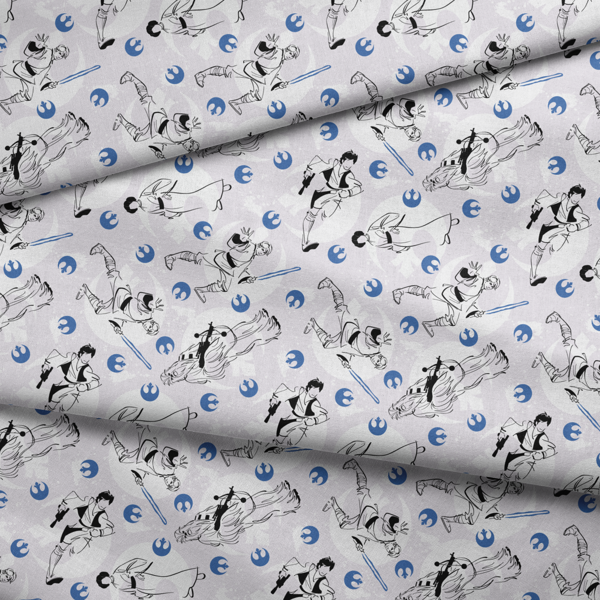 Star Wars characters with lightsabers pattern featuring Rebel Alliance logos on light background fabric fold mockup