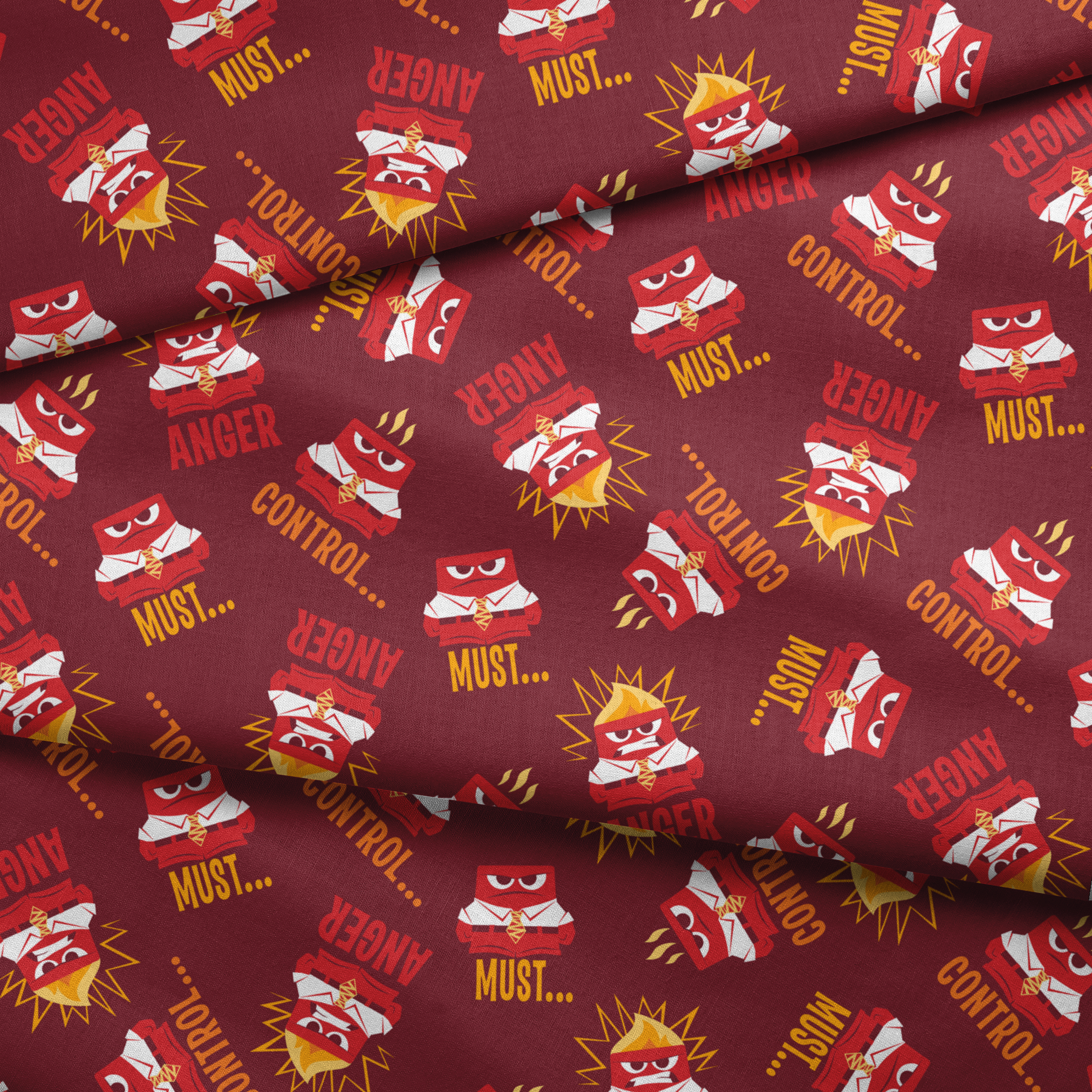 Red background pattern with Anger from Inside Out, explosions, and words "MUST... CONTROL... ANGER fabric fold mockup