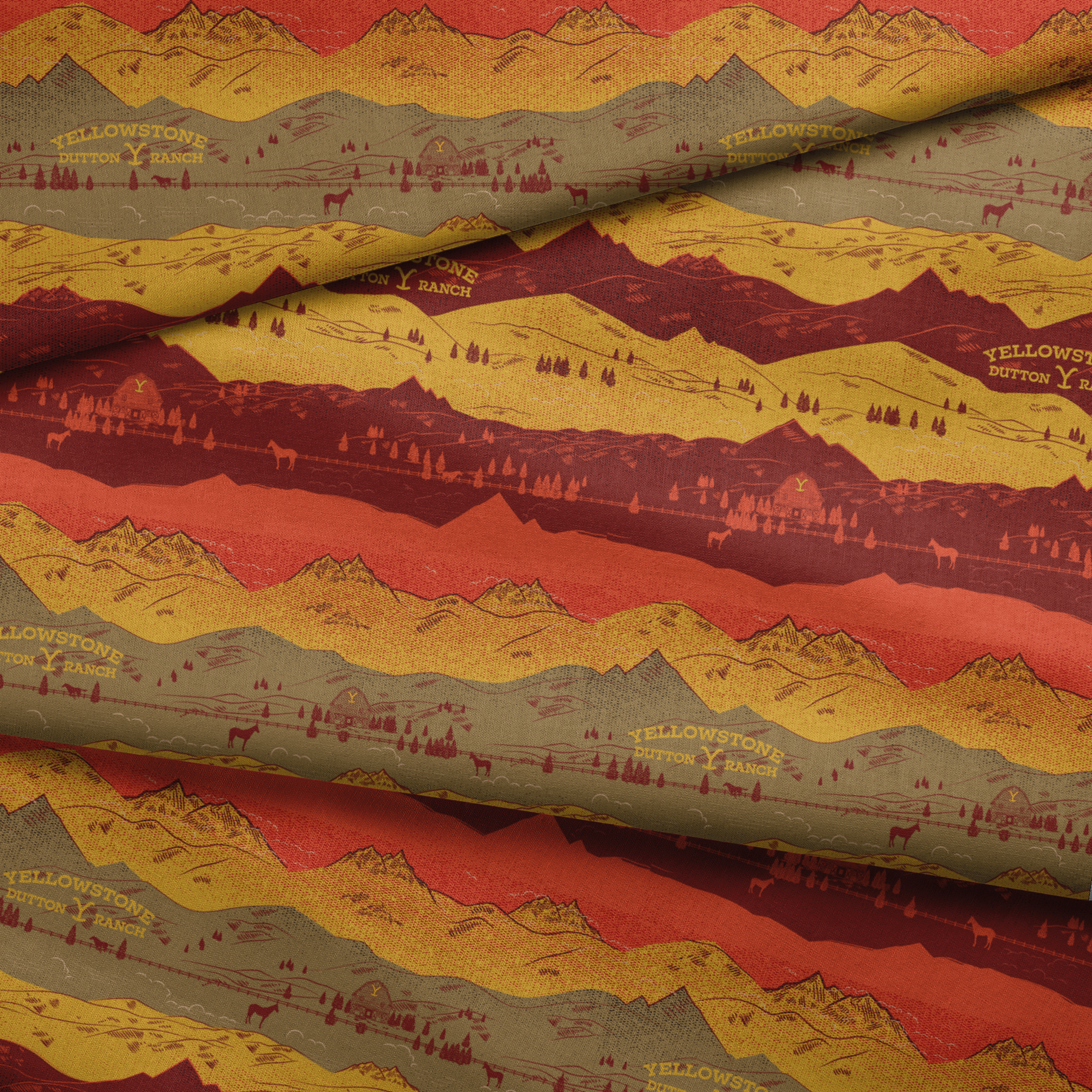 Layered mountain landscape in red, gold, and brown with "Yellowstone Cotton Ranch" text and silhouetted trees and wildlife. fabric fold mockup