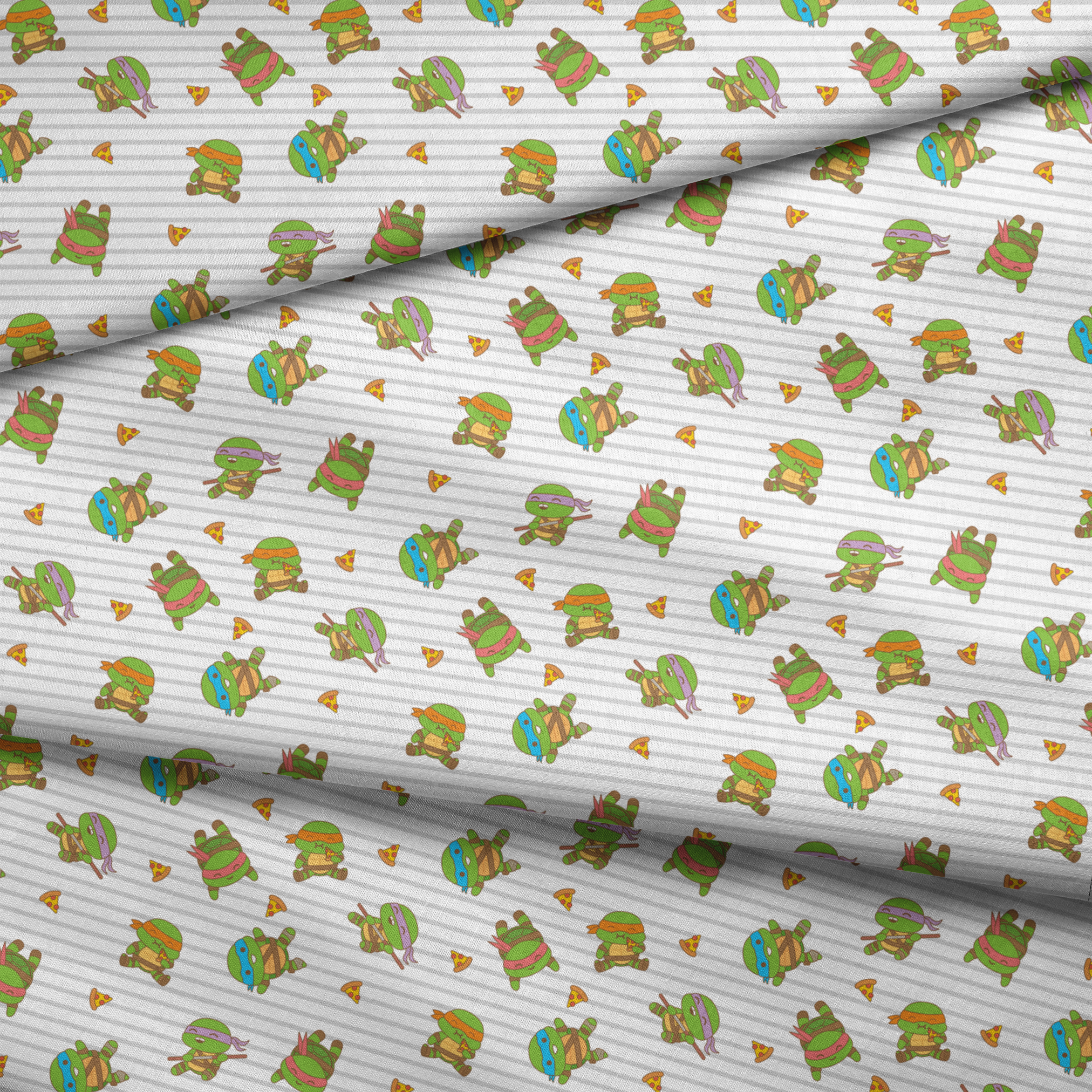 Teenage Mutant Ninja Turtles in various poses with pizza slices on gray striped background fabric fold mockup