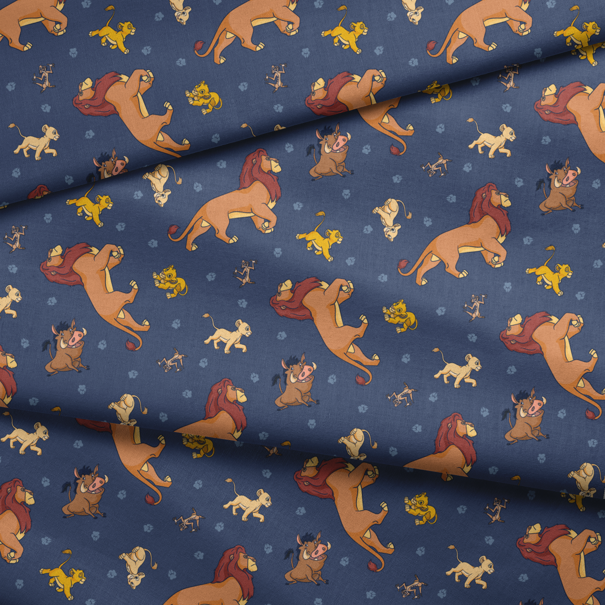 Colorful cartoon lions and characters from The Lion King scattered on dark blue background with paw prints fabric fold mockup