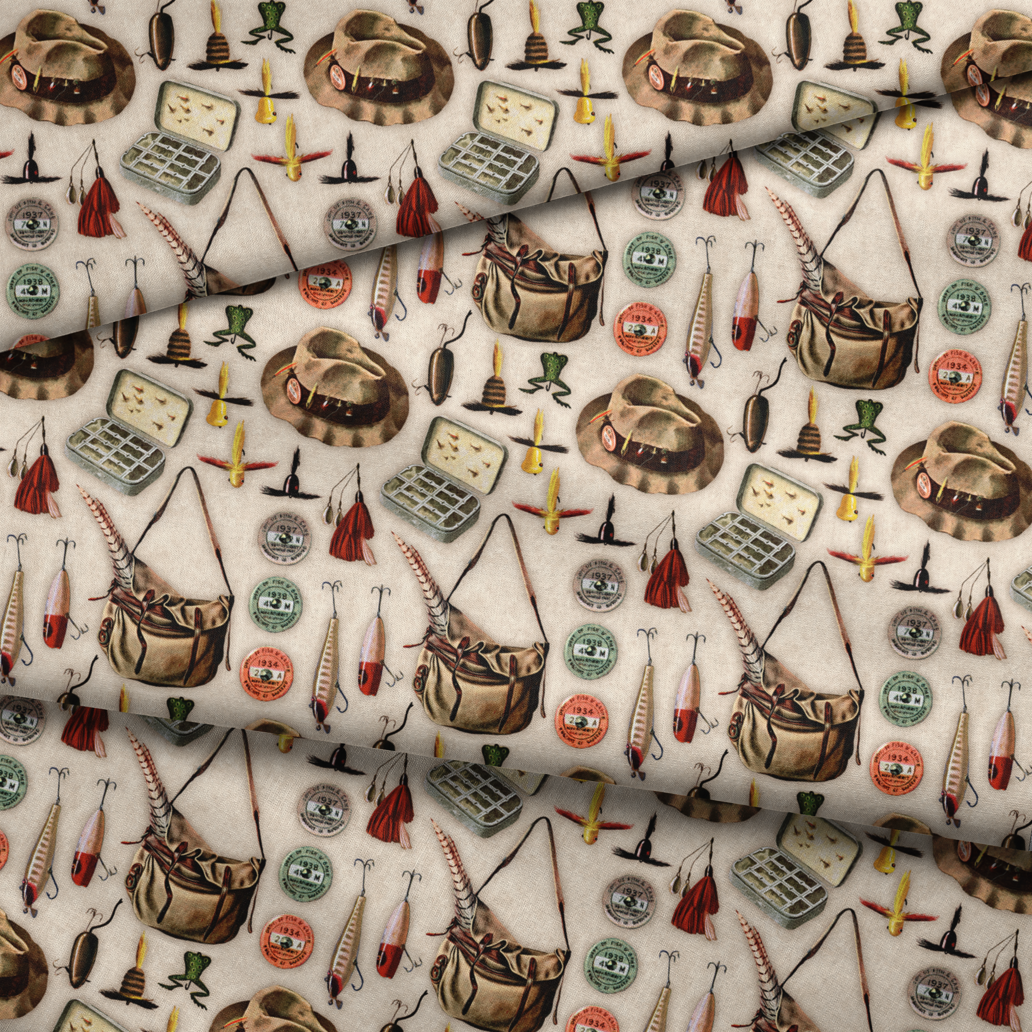 Vintage fishing gear illustration with tackle box, hat, lures, reels, and canvas bag on beige background fabric fold mockup