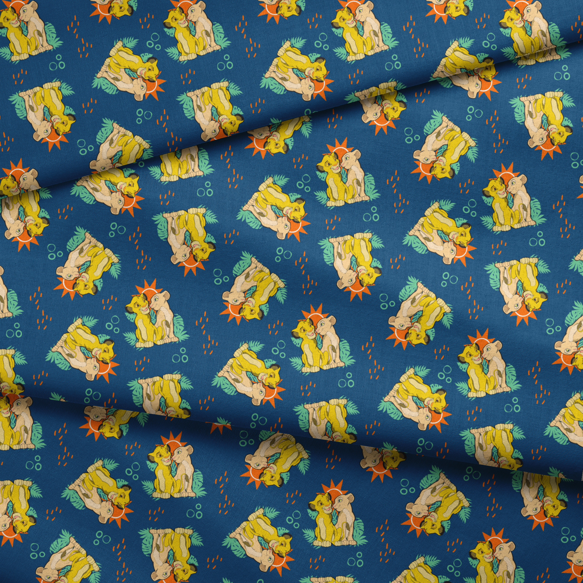 Yellow cartoon lions and pale yellow animals on teal background with tropical leaves, orange sun shapes and bubbles. fabric fold mockup