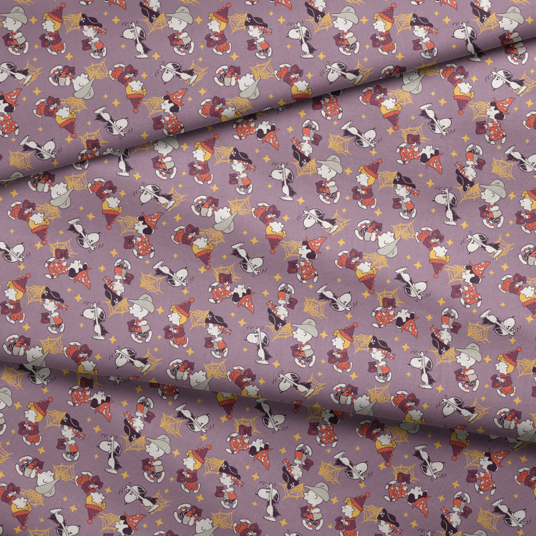 Snoopy and Peanuts characters in fall outfits with pumpkins and stars on purple background fabric fold mockup