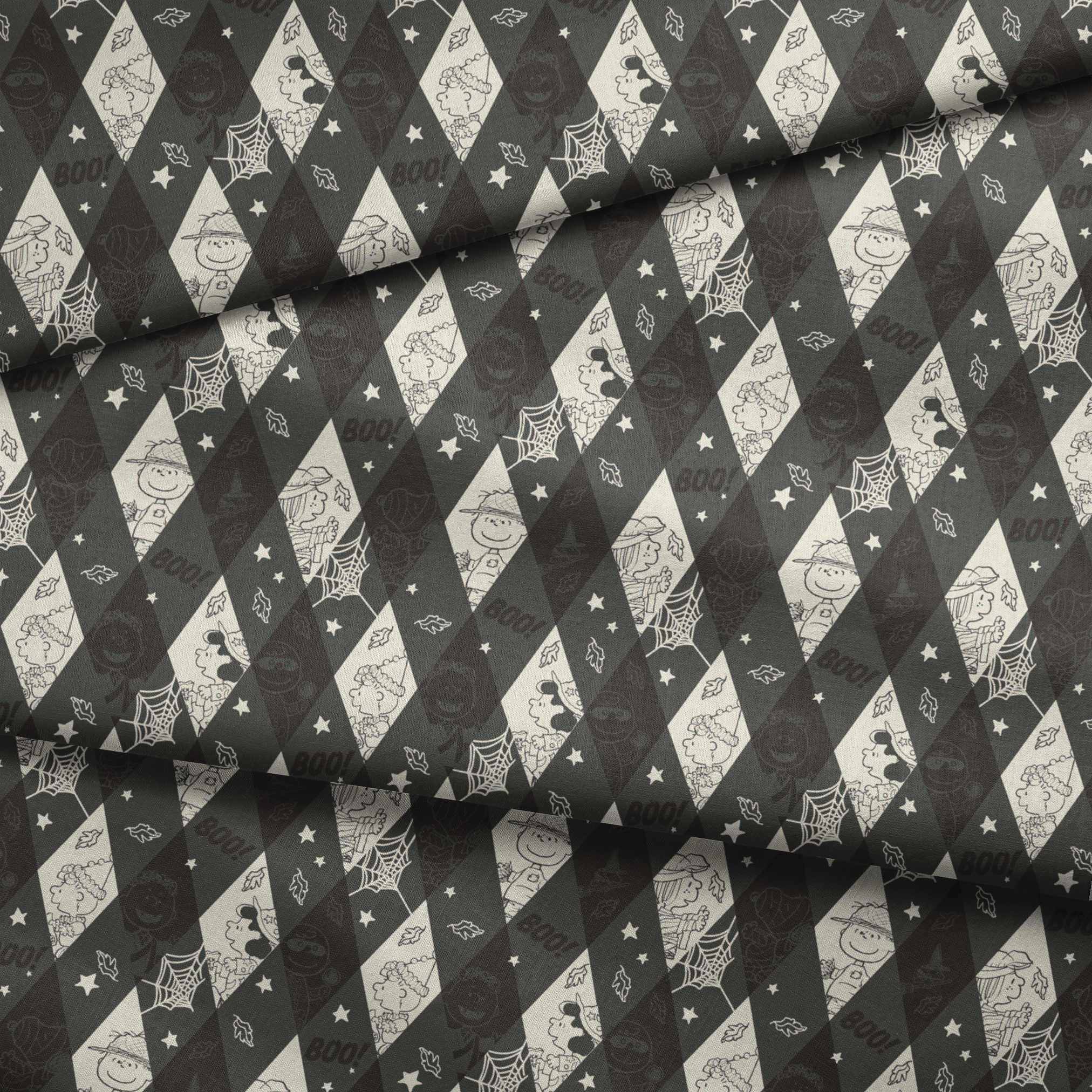 Diamond pattern with Peanuts characters and Halloween motifs in black and cream, featuring spider webs, stars, and "BOO!" text. fabric fold mockup