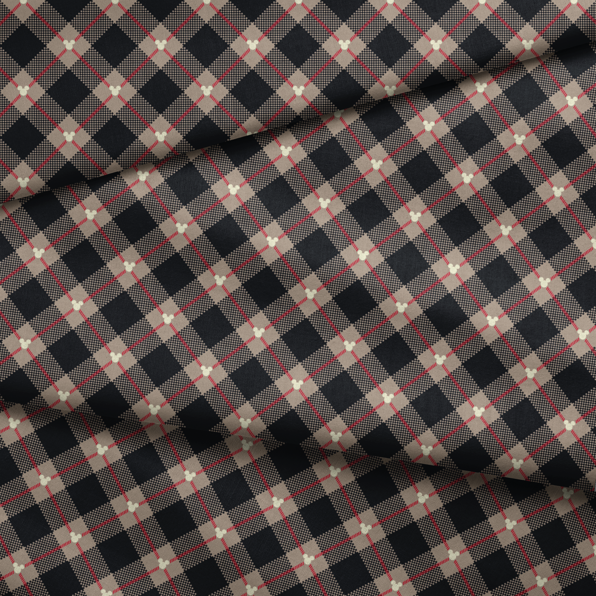 Diagonal plaid pattern with navy, beige, red stripes, checkered sections and small white circular details fabric fold mockup