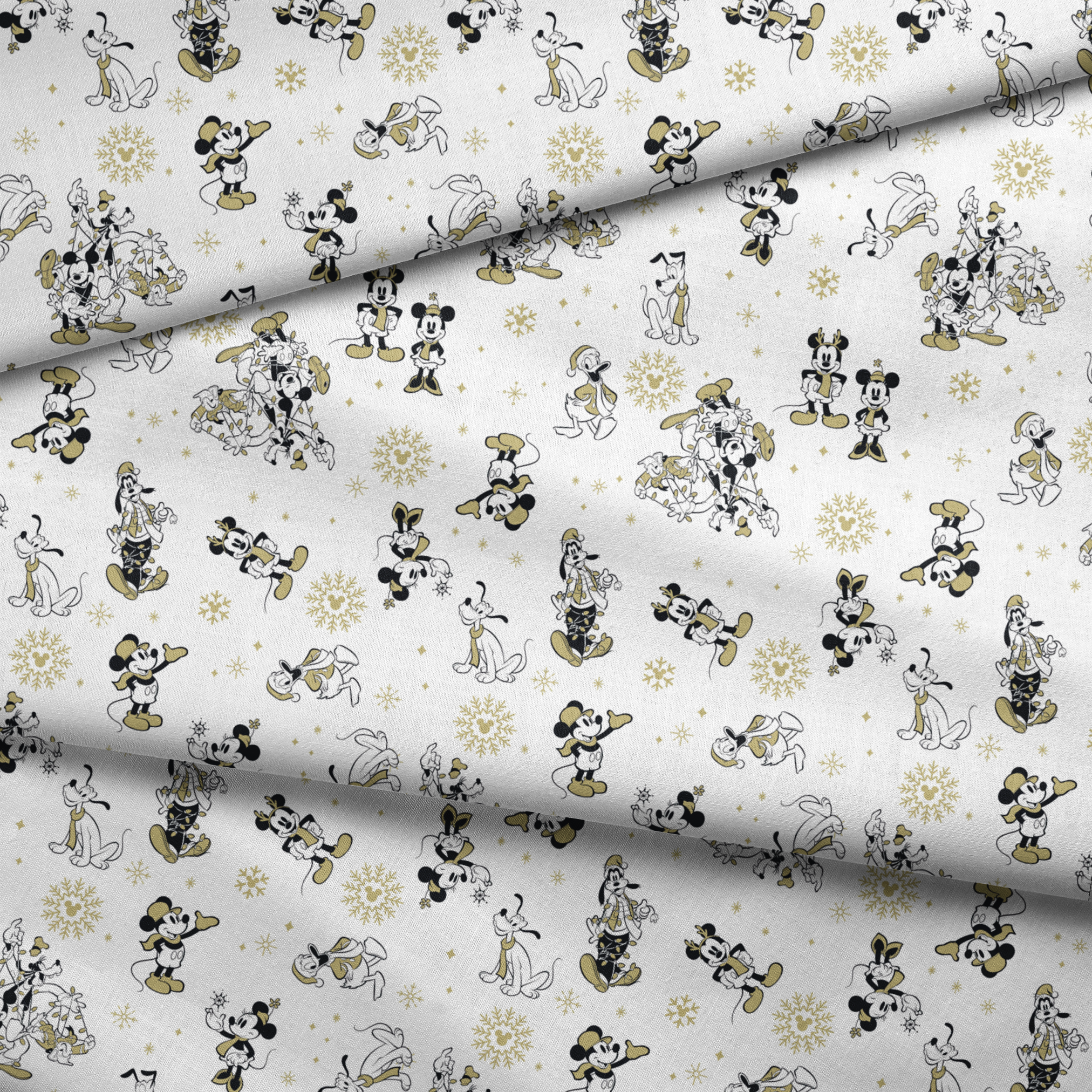 Vintage Disney characters pattern with Mickey, Minnie and Pluto on white background with gold snowflakes fabric fold mockup