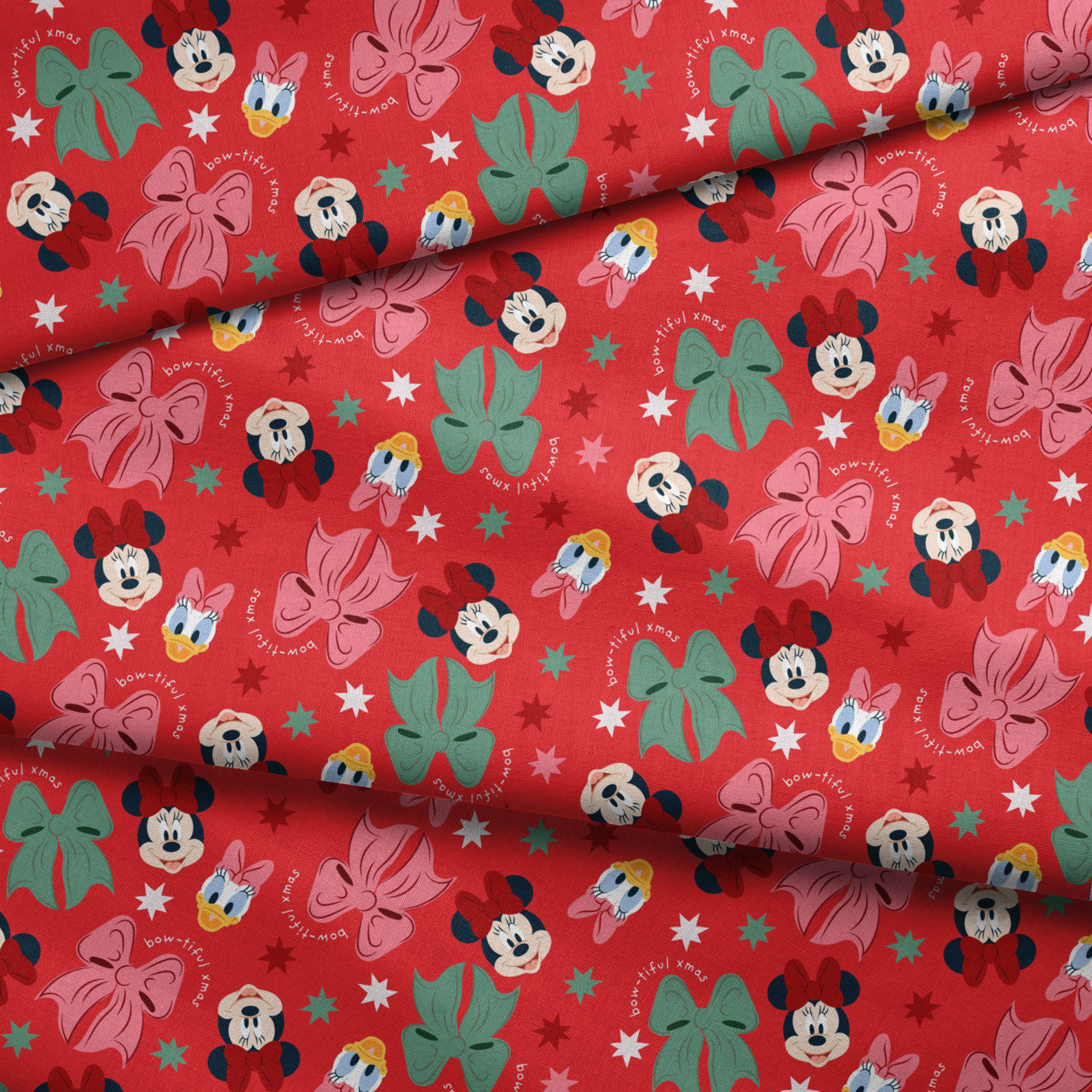 Disney character pattern with Minnie Mouse, Mickey Mouse and Donald Duck on red background with bows and stars fabric fold mockup