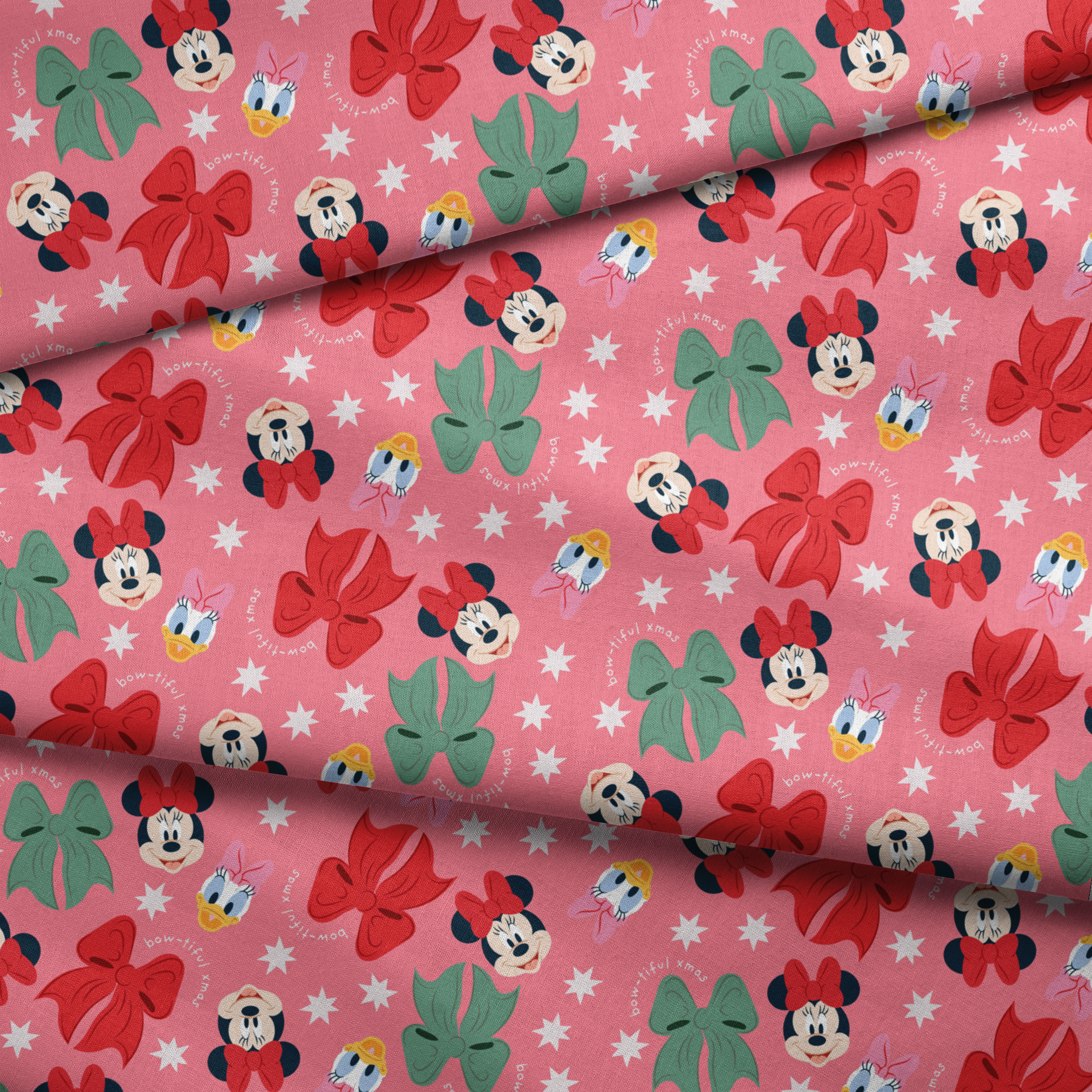 Disney character pattern with Mickey and Minnie Mouse, Donald Duck, bows in red and green on pink background with white stars fabric fold mockup