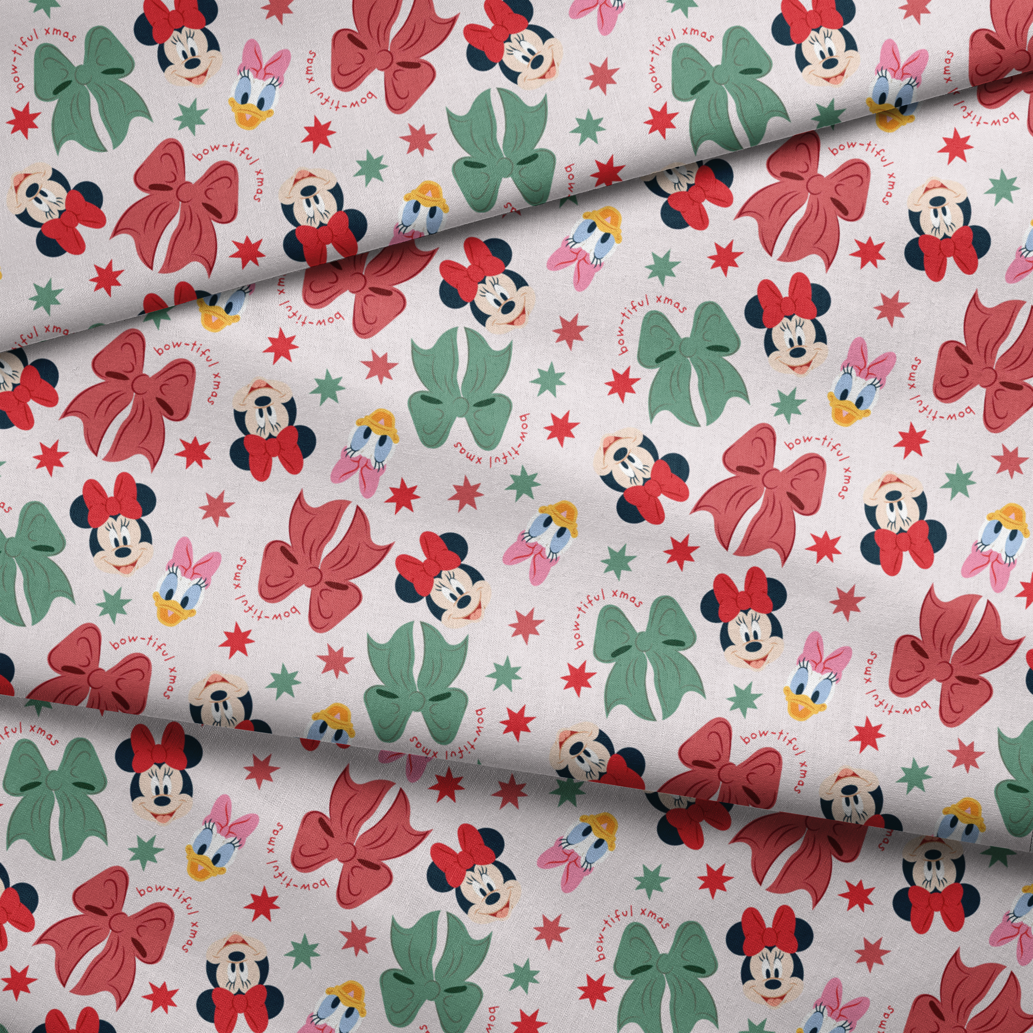 Disney pattern with Minnie Mouse and Daisy Duck characters, green and red bows, and green stars on light background. fabric fold mockup