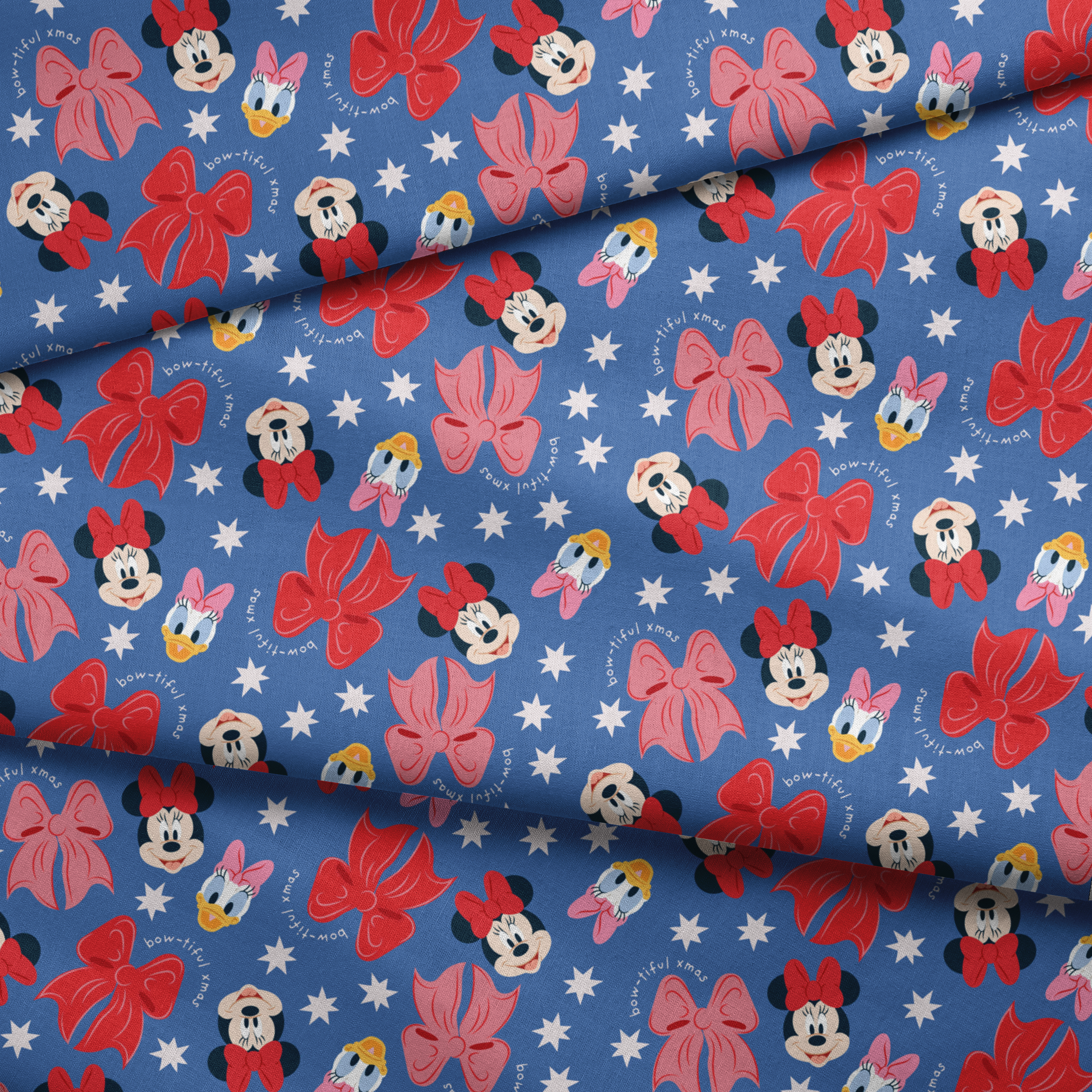 Disney character pattern with Minnie Mouse, Daisy Duck, and pink/red bows on blue background with white stars fabric fold mockup