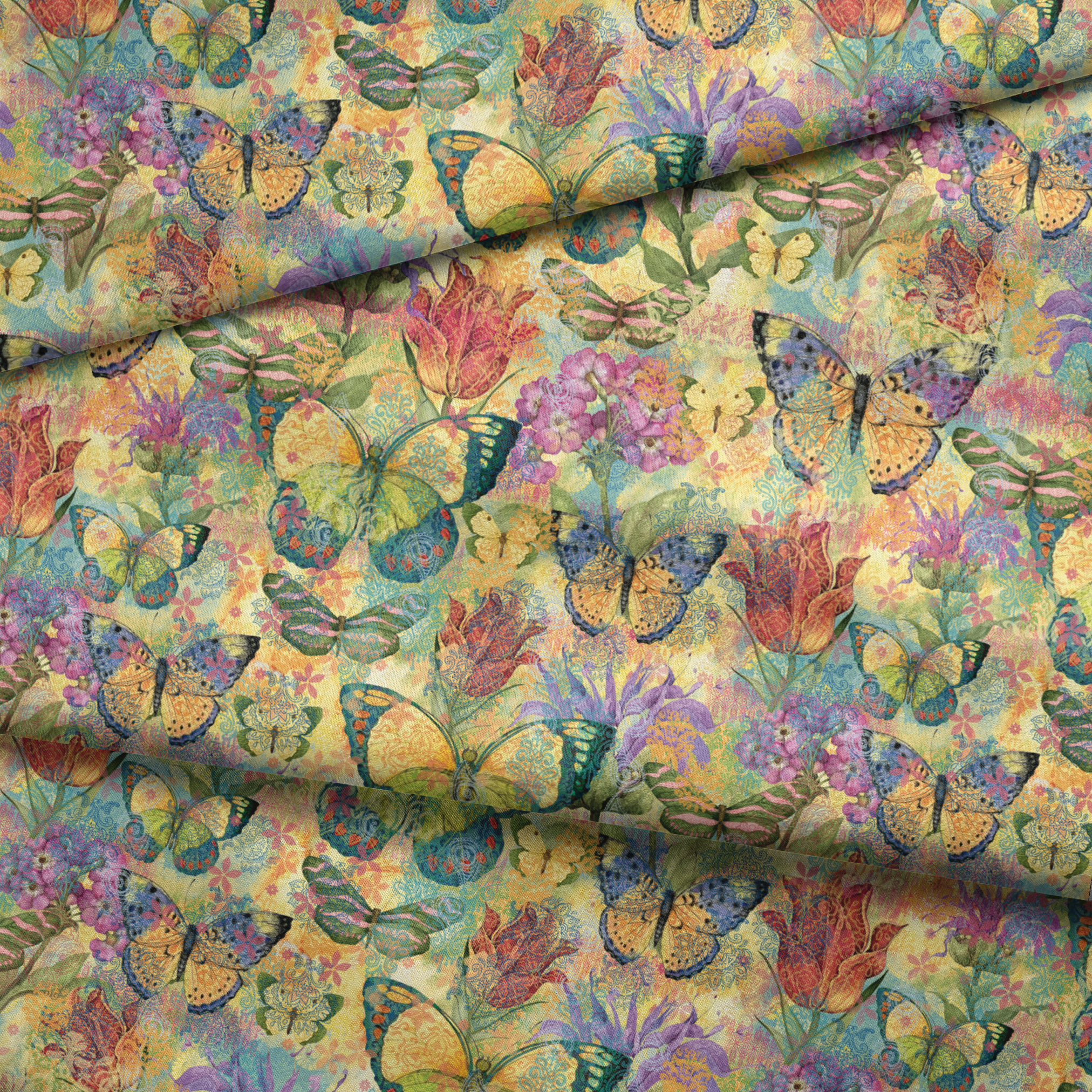 Colorful pattern of butterflies and flowers in vibrant yellows, purples, and reds with watercolor texture fabric fold mockup