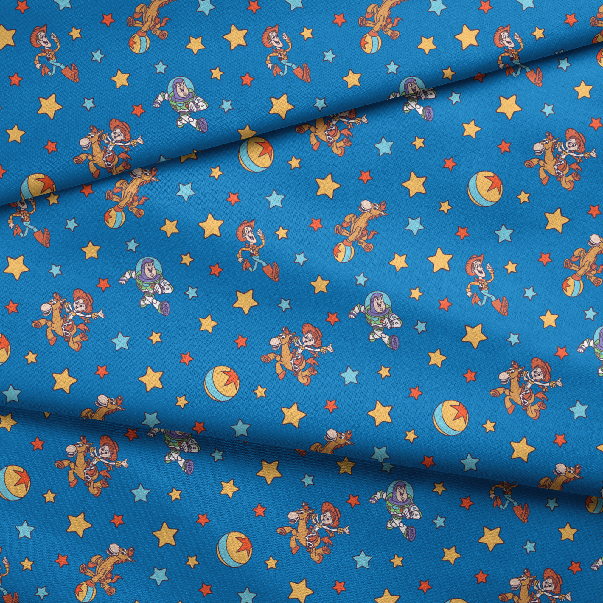 Toy Story characters floating in space pattern with stars on blue background fabric fold mockup