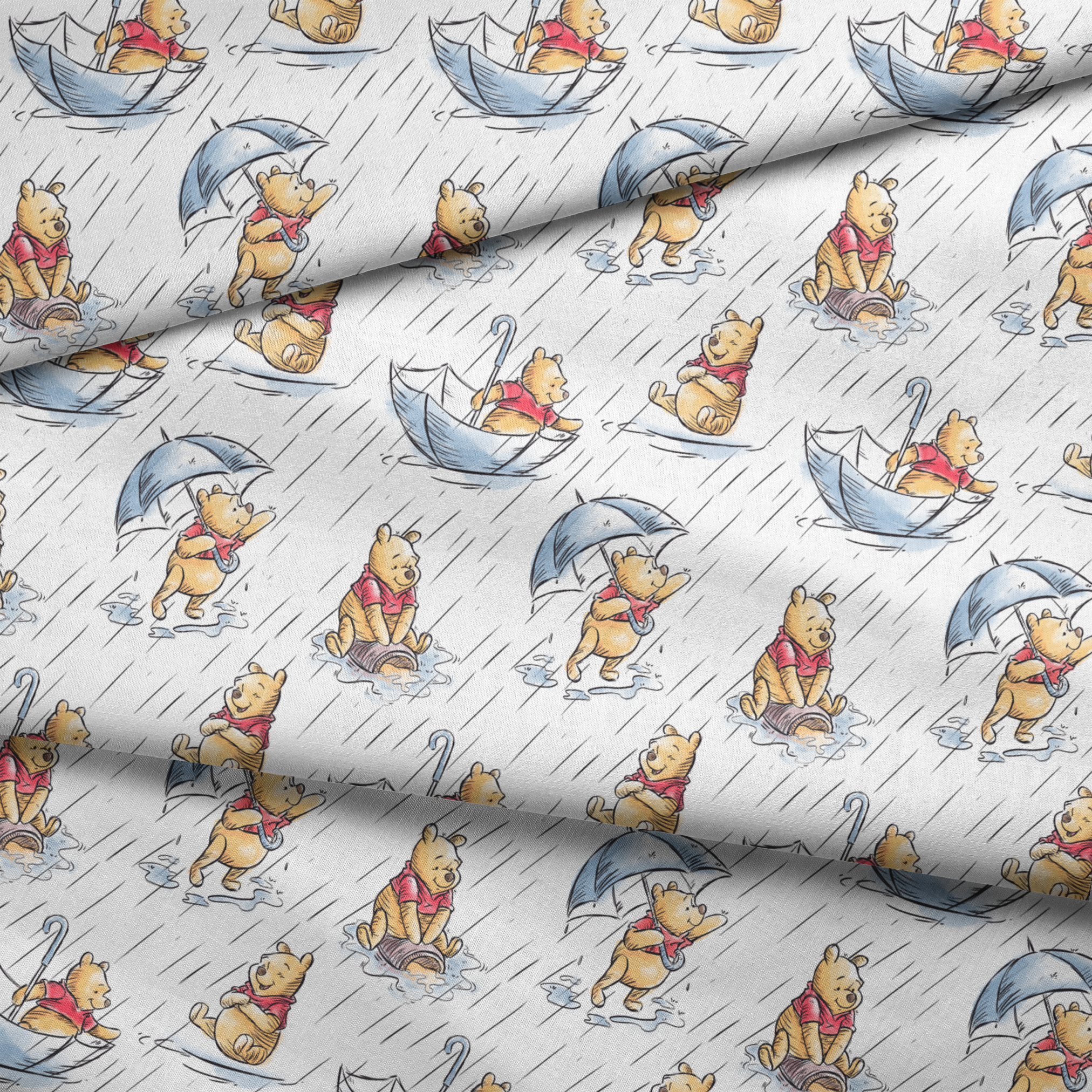 Small bear characters in a rainy scene - some holding umbrellas, others in paper boats, wearing red shirts fabric fold mockup