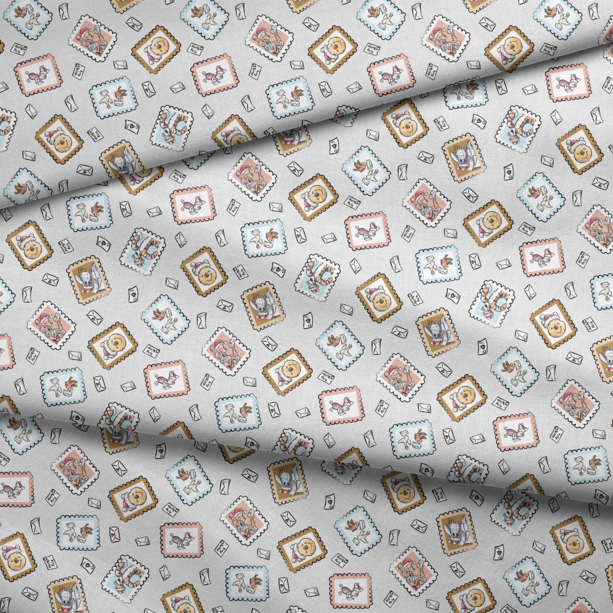 Vintage-style postage stamps with fairy tale illustrations on a light gray background with envelo... fabric fold mockup