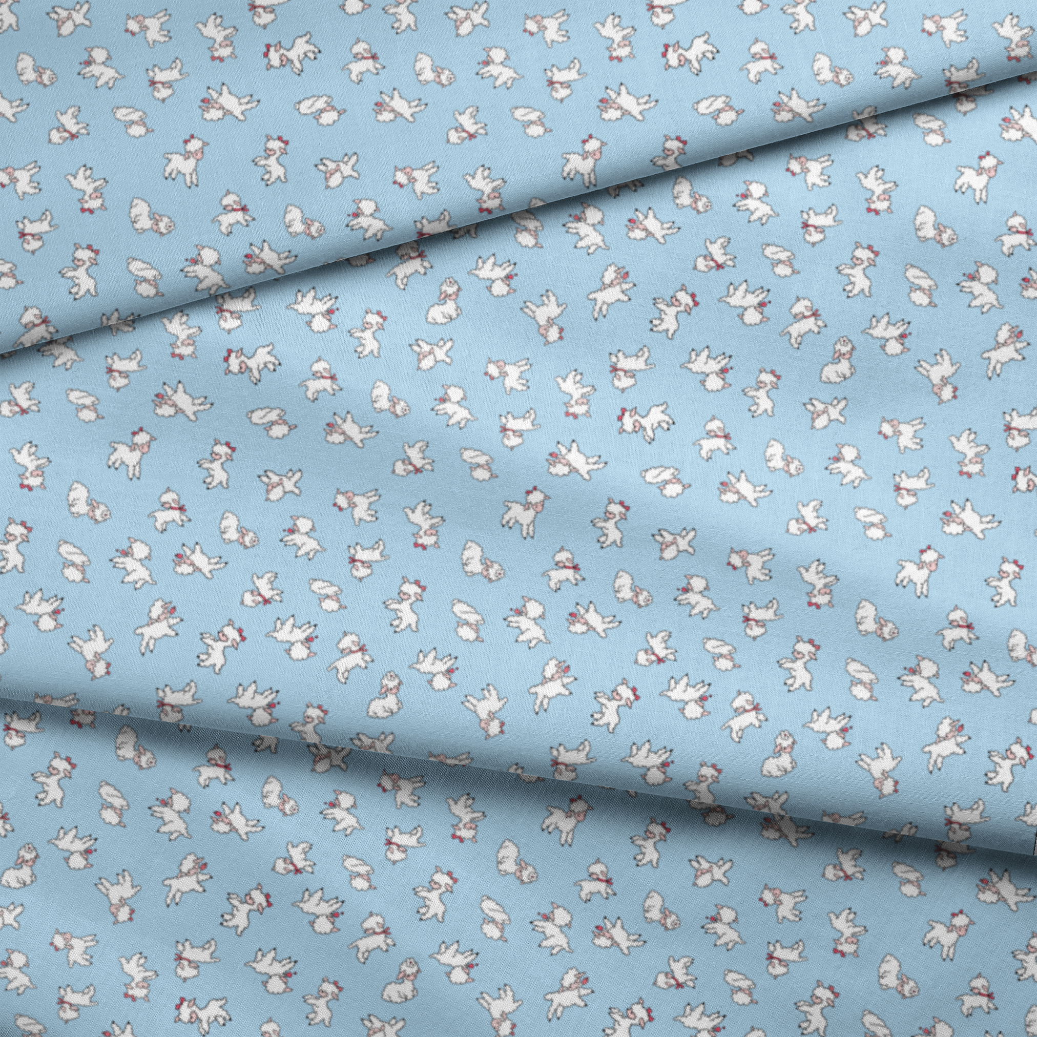 Playful white lambs pattern on light blue background with simple cartoon style illustration fabric fold mockup