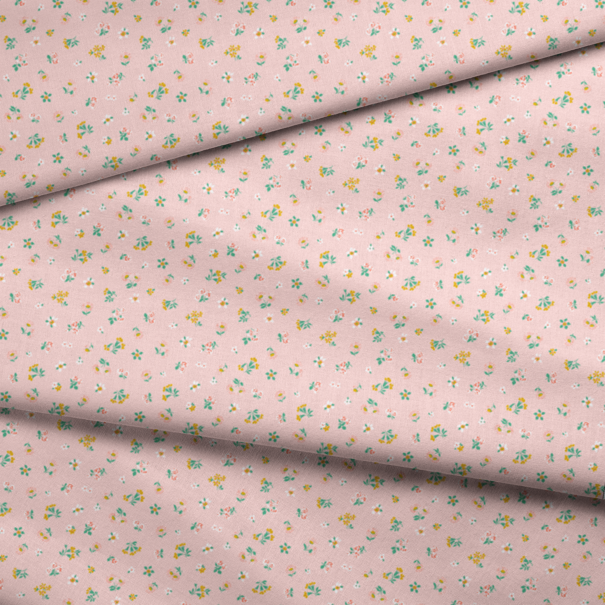 Small floral pattern on pink background with white daisies and yellow, blue, and pink flowers fabric fold mockup