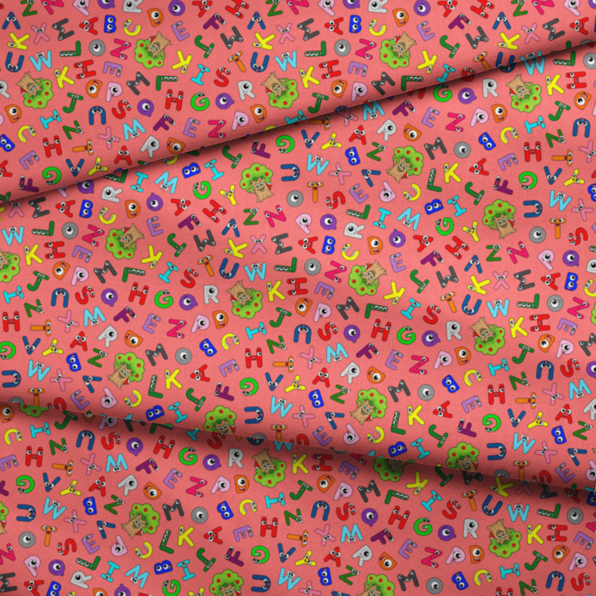 Colorful alphabet pattern with cartoon letter characters on bright pink background fabric fold mockup