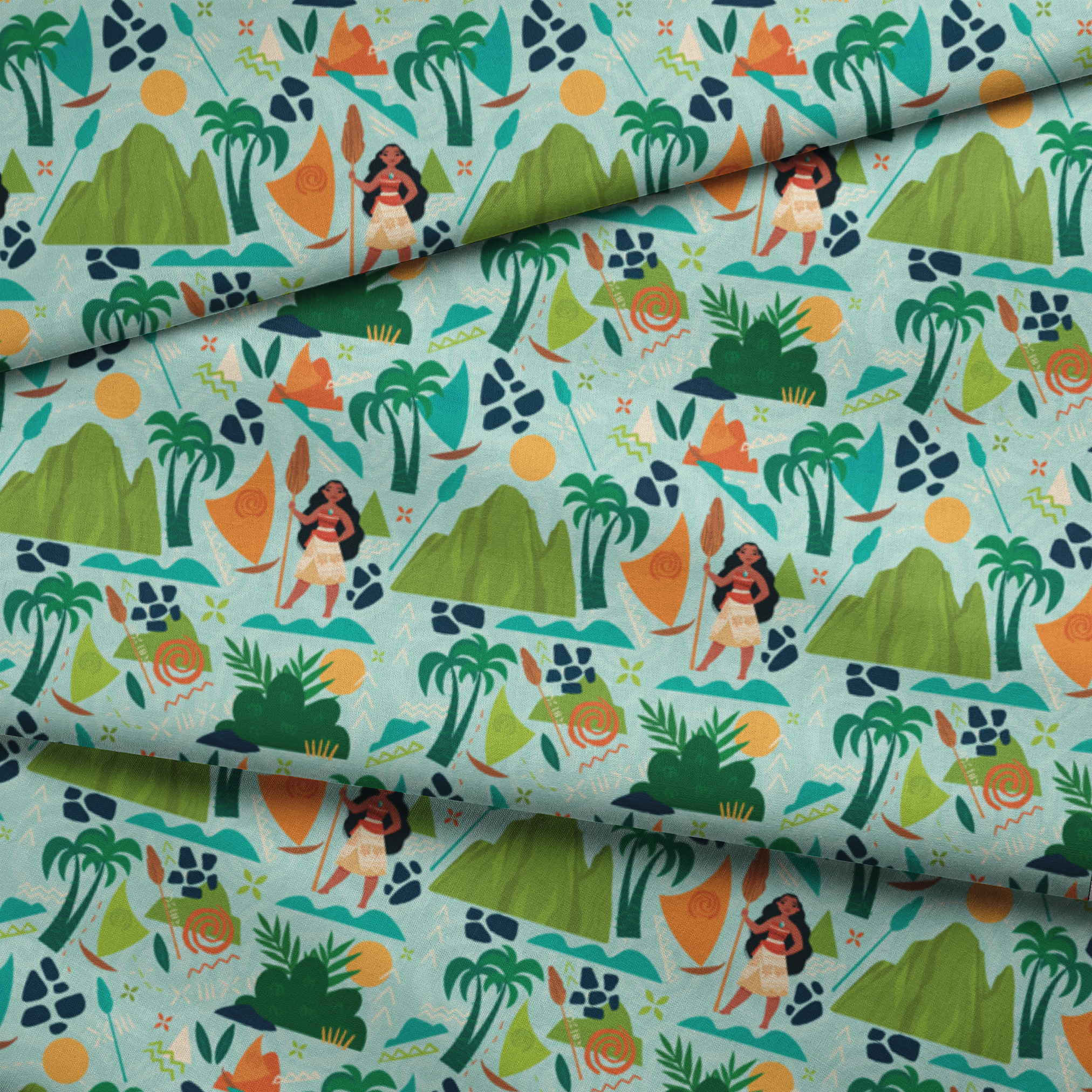 Tropical pattern with palm trees, mountains, sailboats and Polynesian-inspired motifs on mint green fabric fold mockup