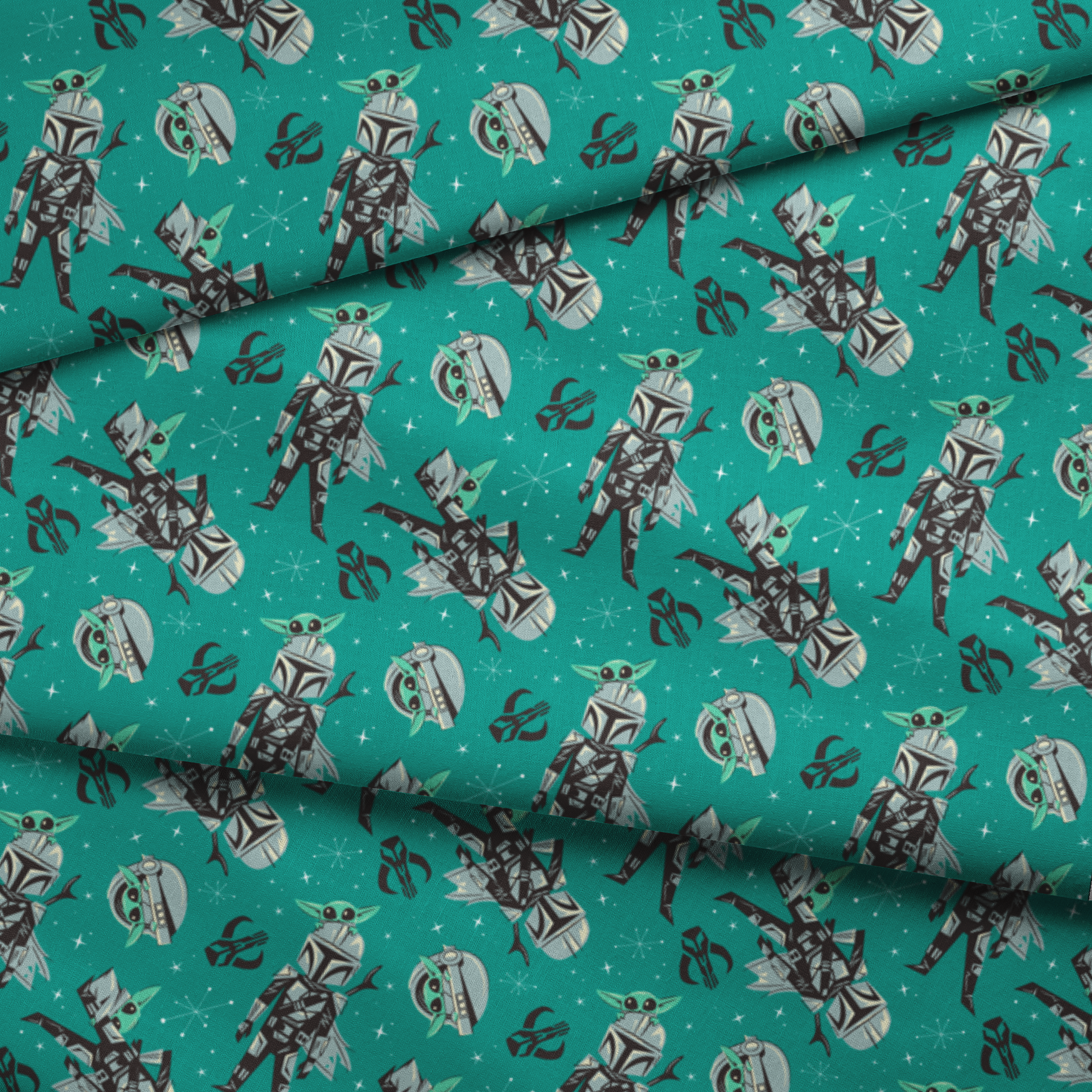 Cartoon-style Star Wars pattern with Baby Yoda and Mandalorian figures on teal background with stars fabric fold mockup