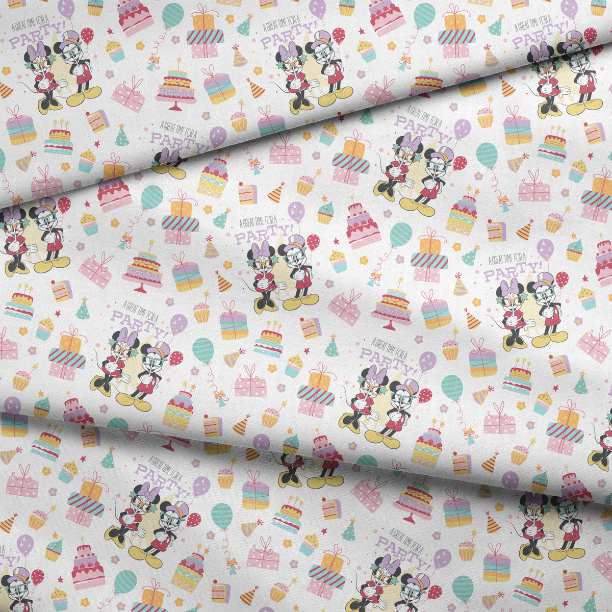 Disney Mickey Mouse and Minnie Mouse Time for a Party Fabric