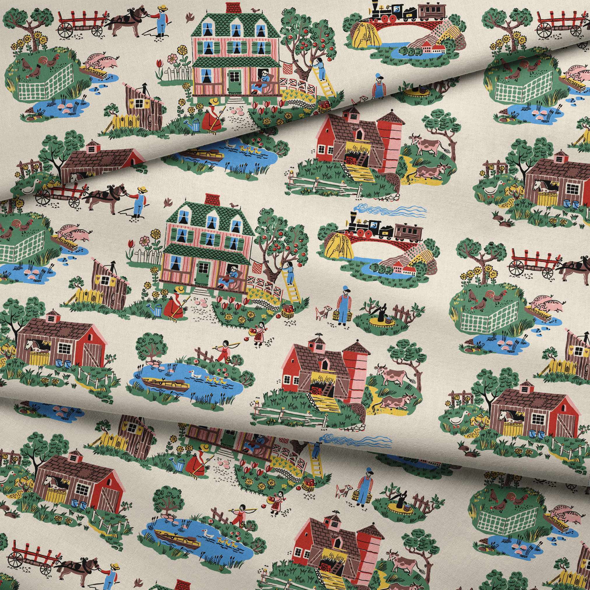 Colorful folk art illustration of country scenes with pink farmhouse, barns, and rural activities fabric fold mockup