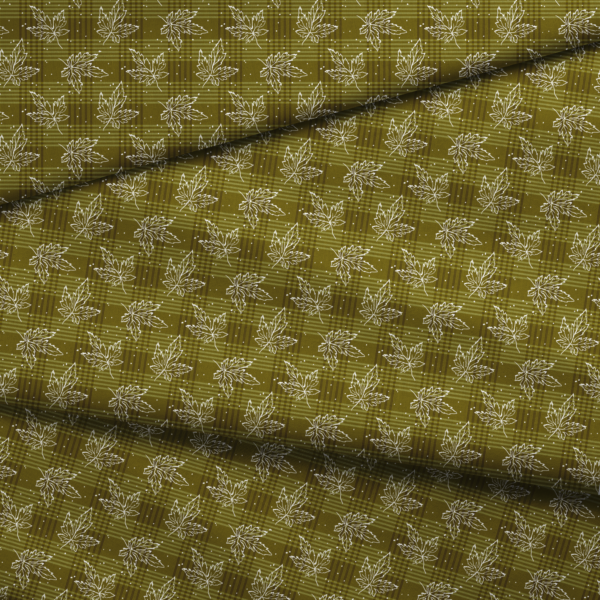 Olive green plaid pattern with scattered white outline maple leaves and small dots fabric fold mockup