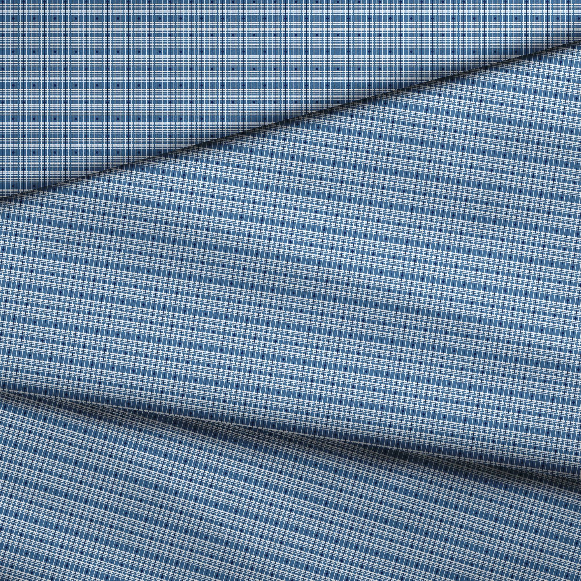Blue and white plaid pattern with thin grid lines in various shades of blue on light background fabric fold mockup