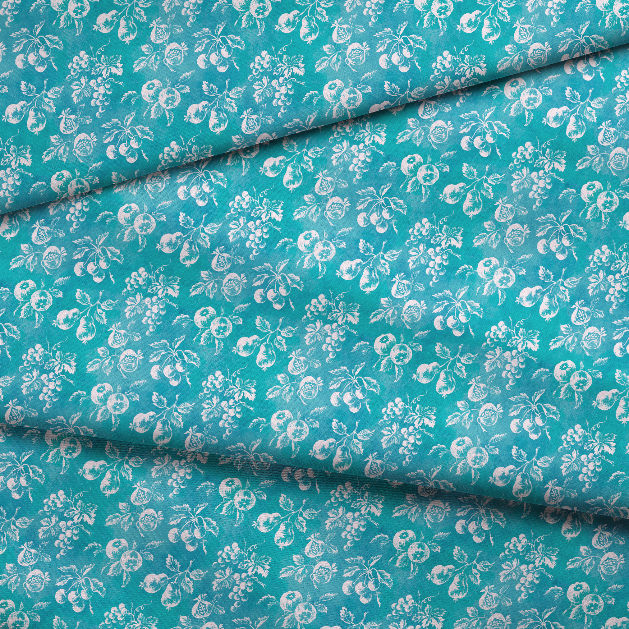 Teal background with white vintage fruit pattern featuring cherries, grapes, and pears fabric fold mockup