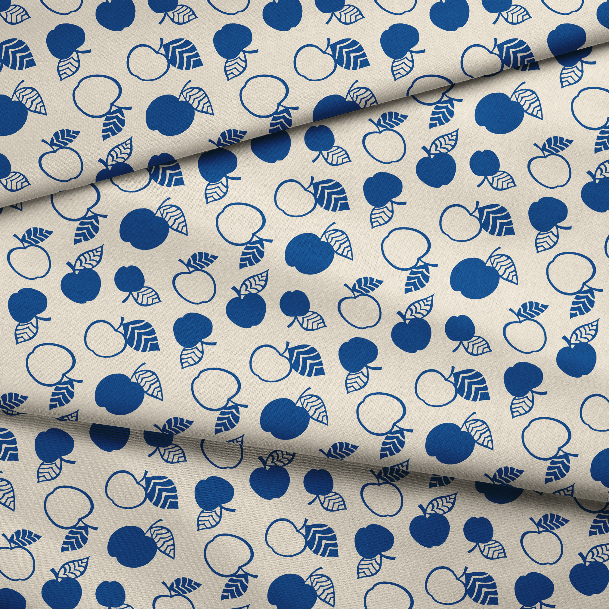 Blue apple illustrations and leaf outlines arranged in a scattered pattern on cream background. fabric fold mockup