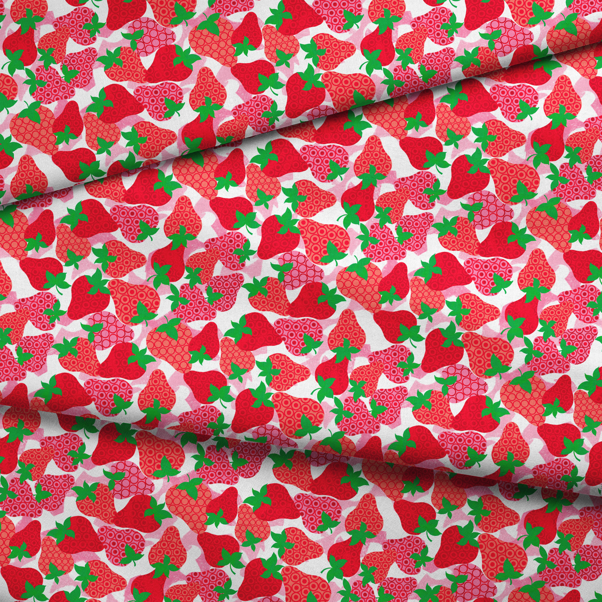 Colorful pattern of red strawberries with varied decorative patterns and green leaves on pink bac... fabric fold mockup