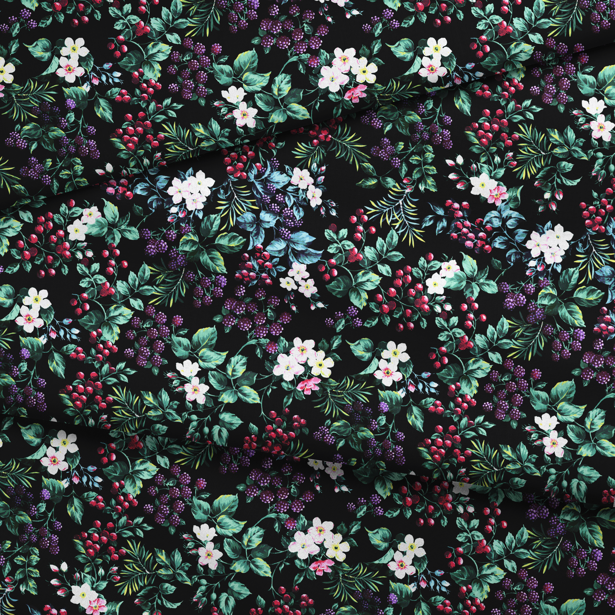 Colorful botanical pattern with white flowers, red cherries, purple blackberries, and green leaves on black background fabric fold mockup