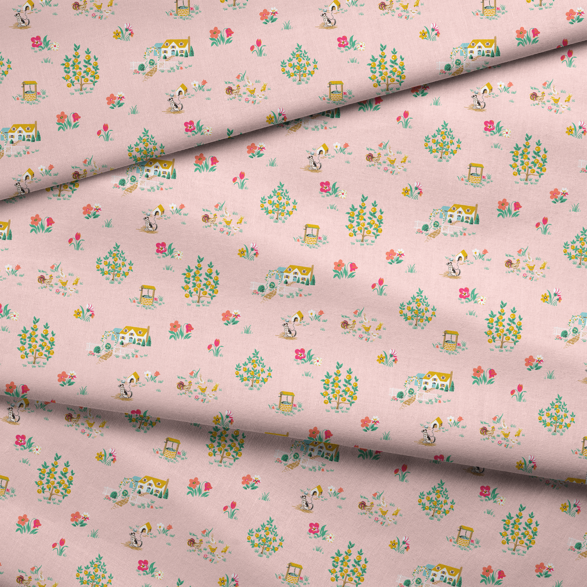 Whimsical pink pattern with cottages, flower bouquets, and garden scenes in yellow and coral fabric fold mockup