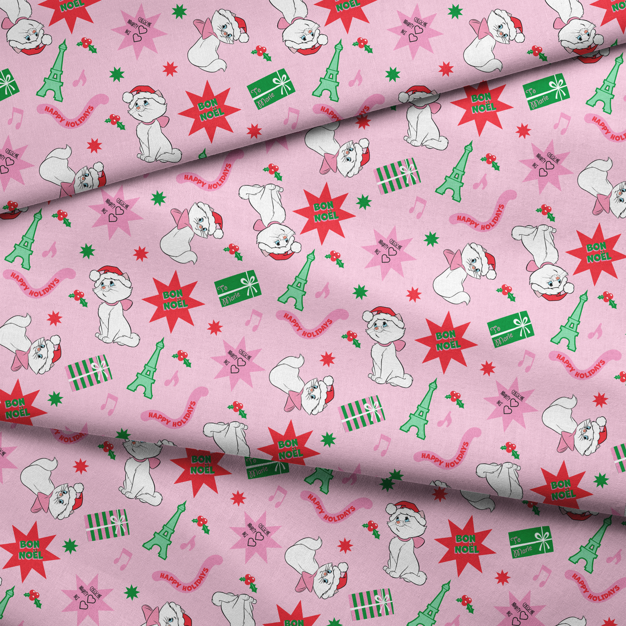 Holiday pattern with Marie from The Aristocats in Santa hats, Eiffel Towers, "Noel" text, and festive stars on pink background fabric fold mockup