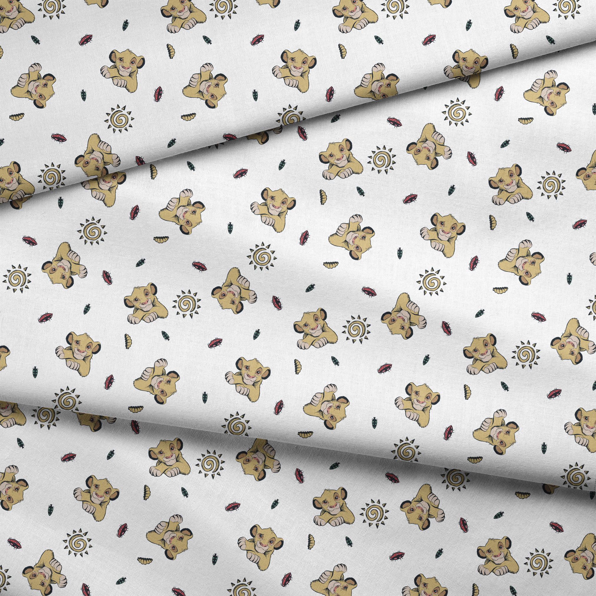 Cute cartoon lion cubs pattern with suns and leaves on white background fabric fold mockup
