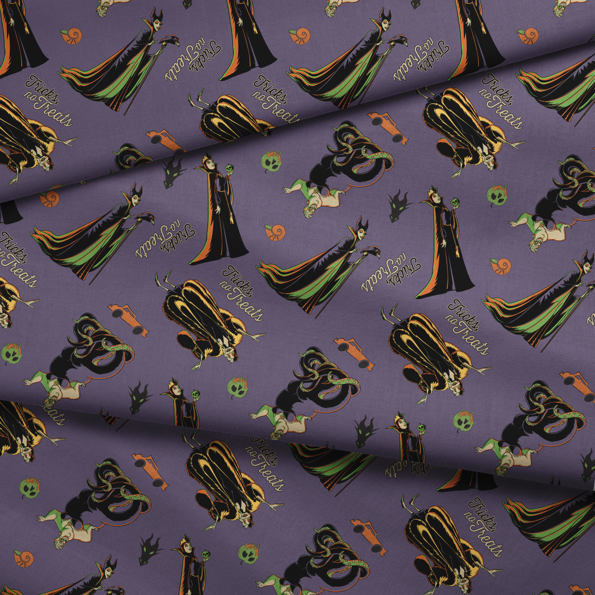 Cartoon villains pattern featuring Maleficent and other Disney antagonists on purple background fabric fold mockup