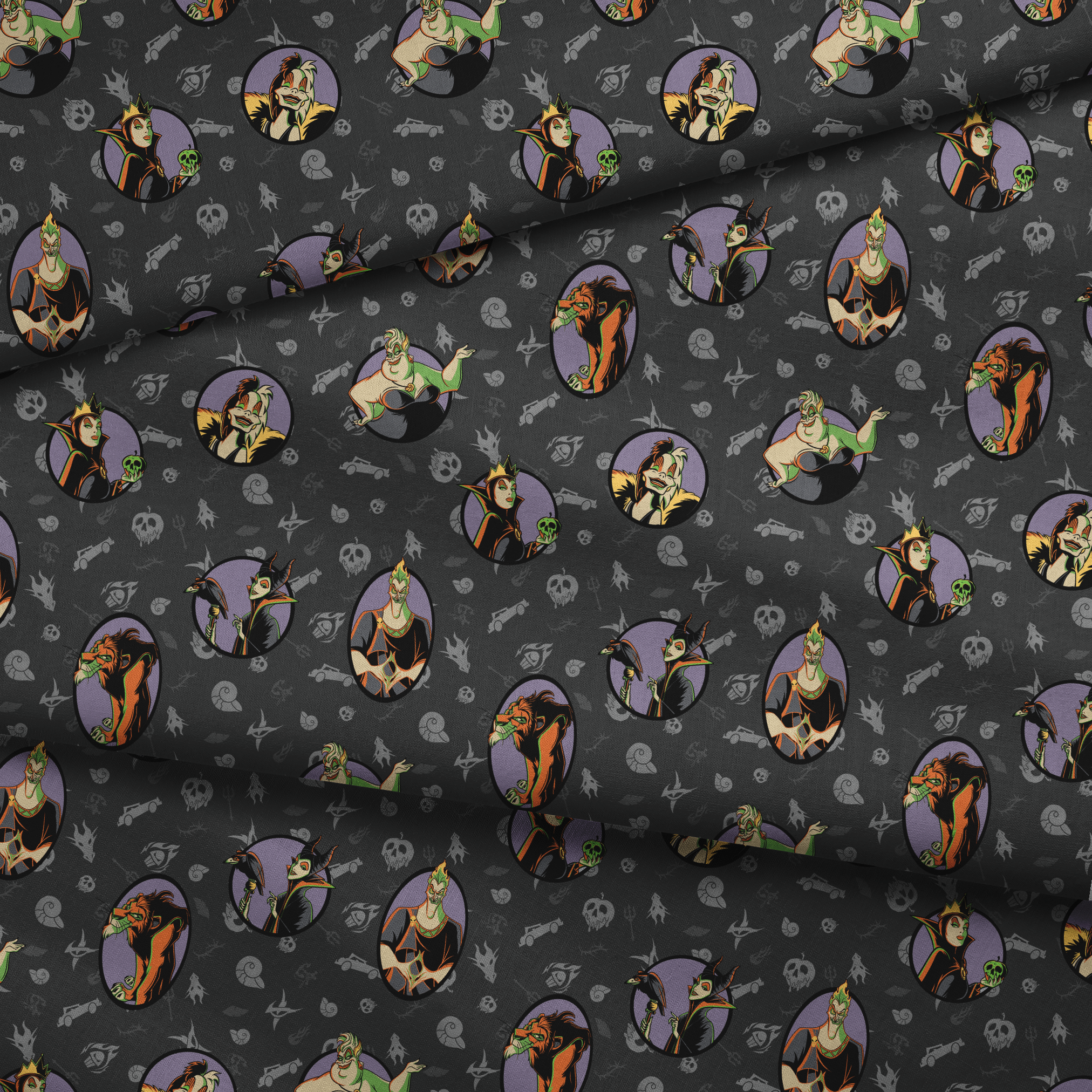 Cartoon Disney villains in purple circles on dark gray background with villain-themed icons fabric fold mockup
