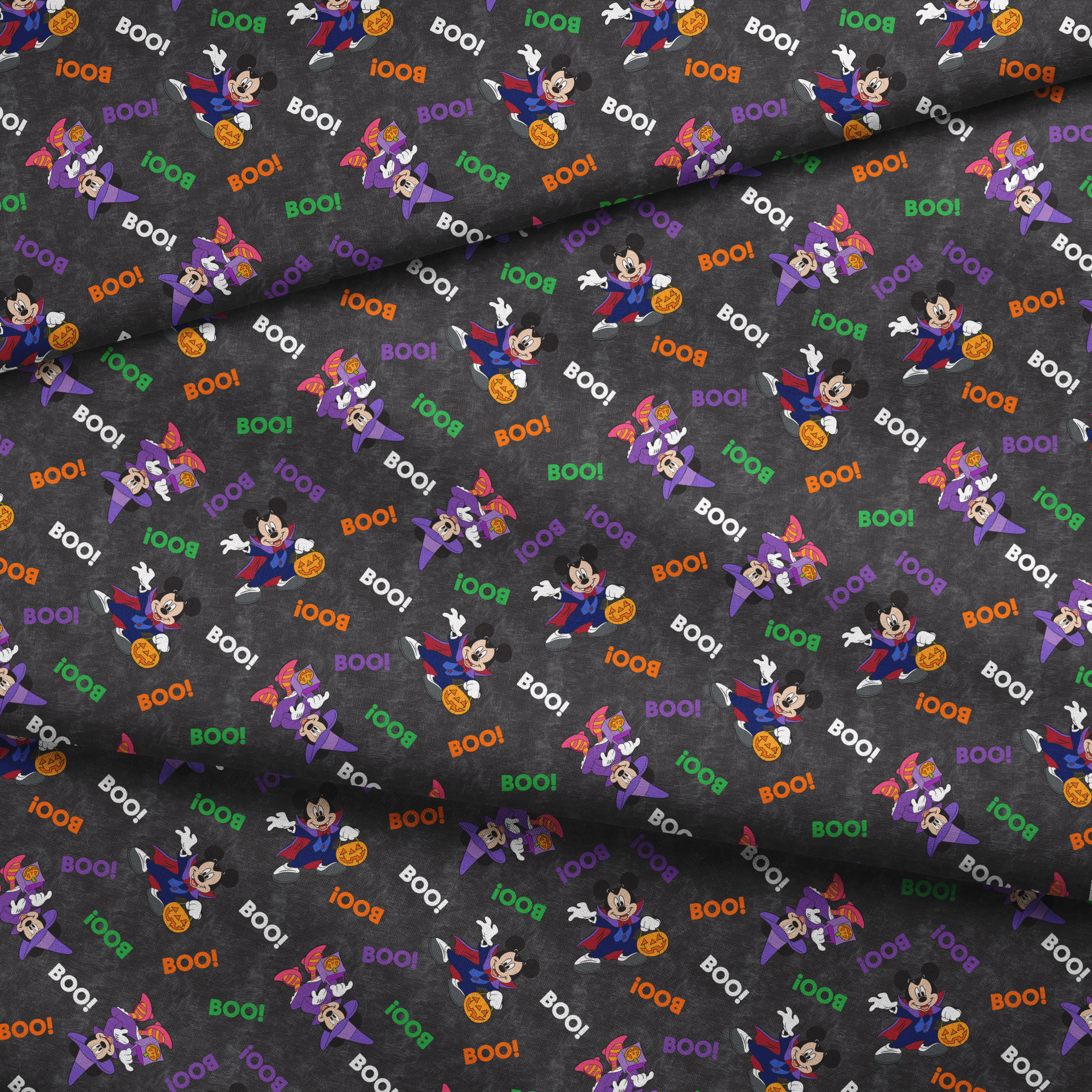 Halloween themed pattern with Disney characters in costumes, pumpkins, and colorful "BOO!" text on dark gray background. fabric fold mockup